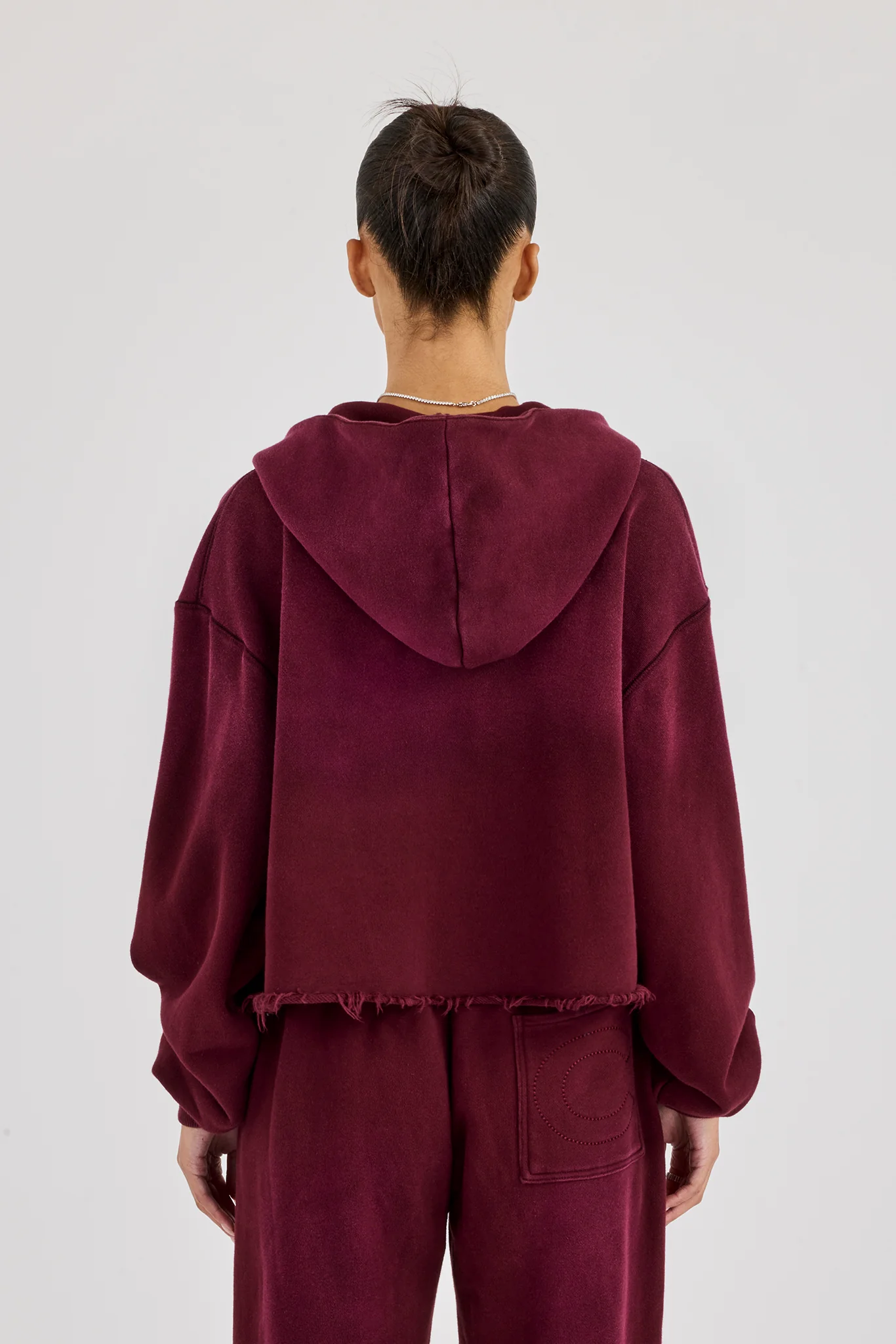 Washed Boxy Fit Zip Through Hoodie - Burgundy - Image 3
