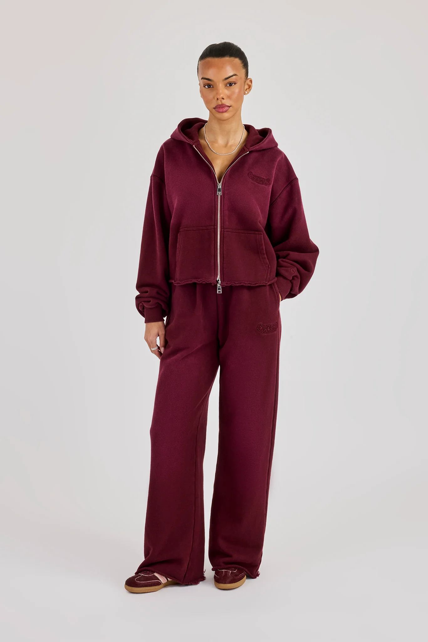 Washed Boxy Fit Zip Through Hoodie & Wide Leg Jogger - Burgundy