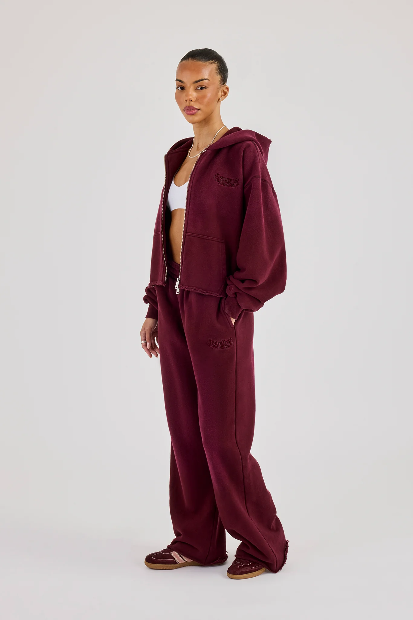 Washed Boxy Fit Zip Through Hoodie & Wide Leg Jogger - Burgundy - Image 2