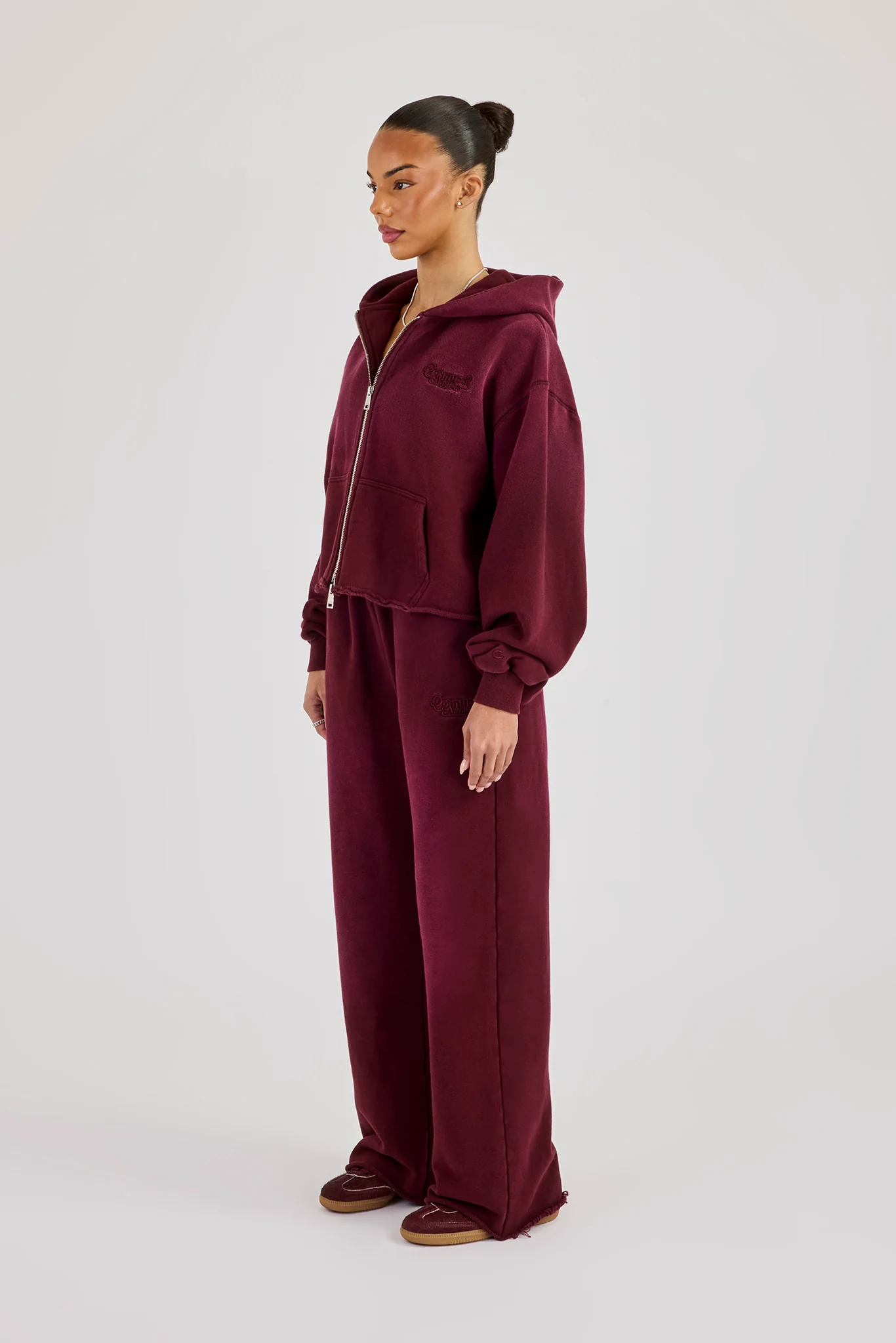 Washed Boxy Fit Zip Through Hoodie & Wide Leg Jogger - Burgundy - Image 3