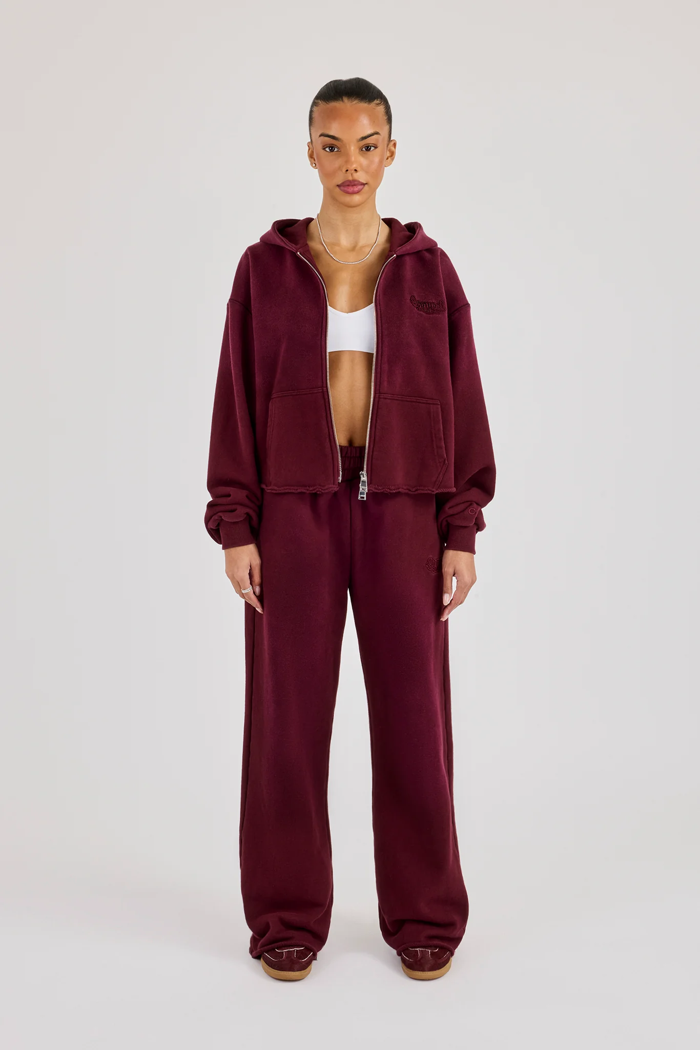 Washed Boxy Fit Zip Through Hoodie & Wide Leg Jogger - Burgundy - Image 4