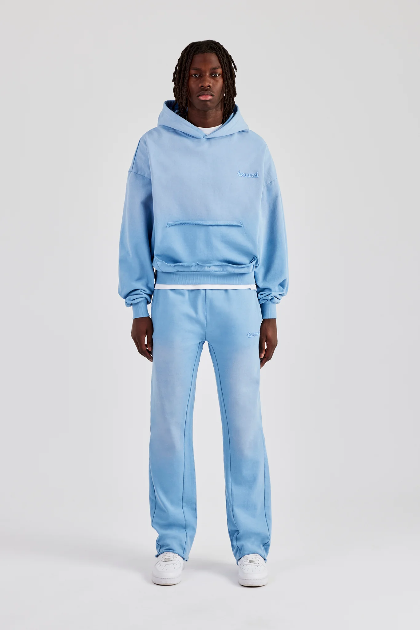 Washed Boxy Raw Edge Pocket Hoodie - Blue - Image 5