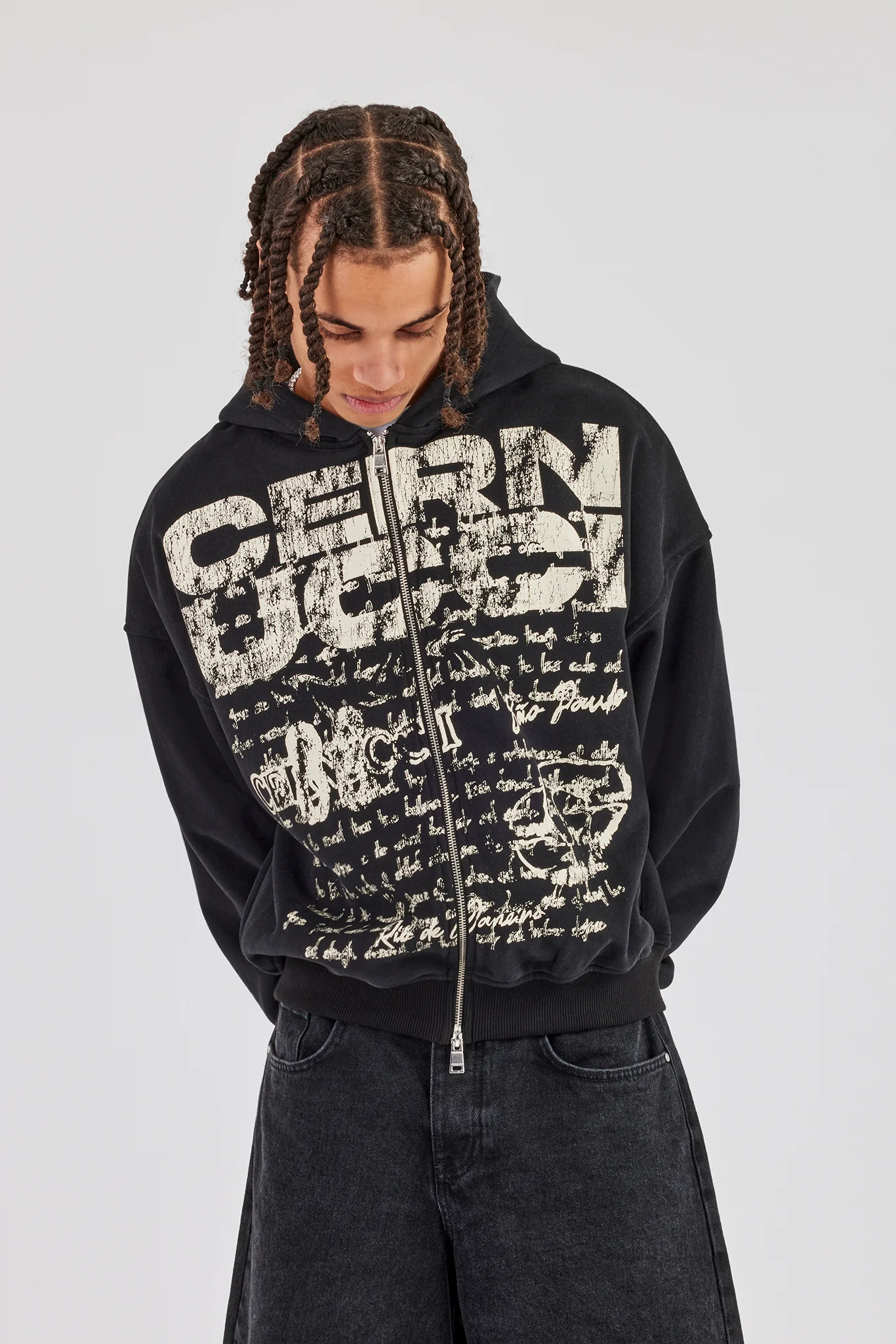 Washed Boxy Zip Through Printed Hoodie - Black