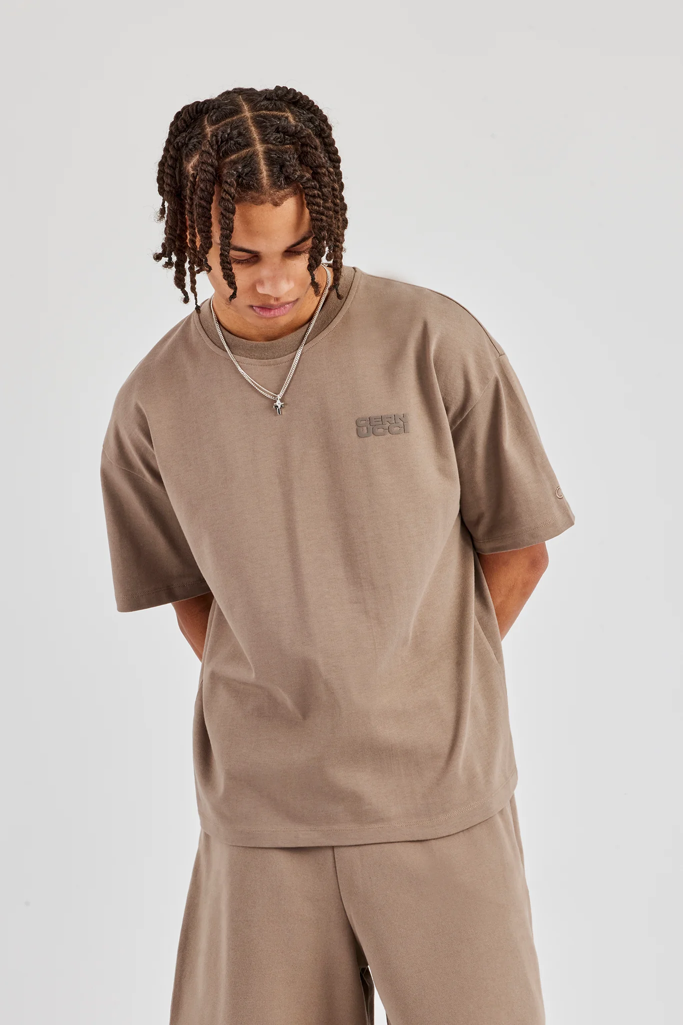 Washed Cernucci Print T-Shirt & Jersey Jort - Taupe - Image 5