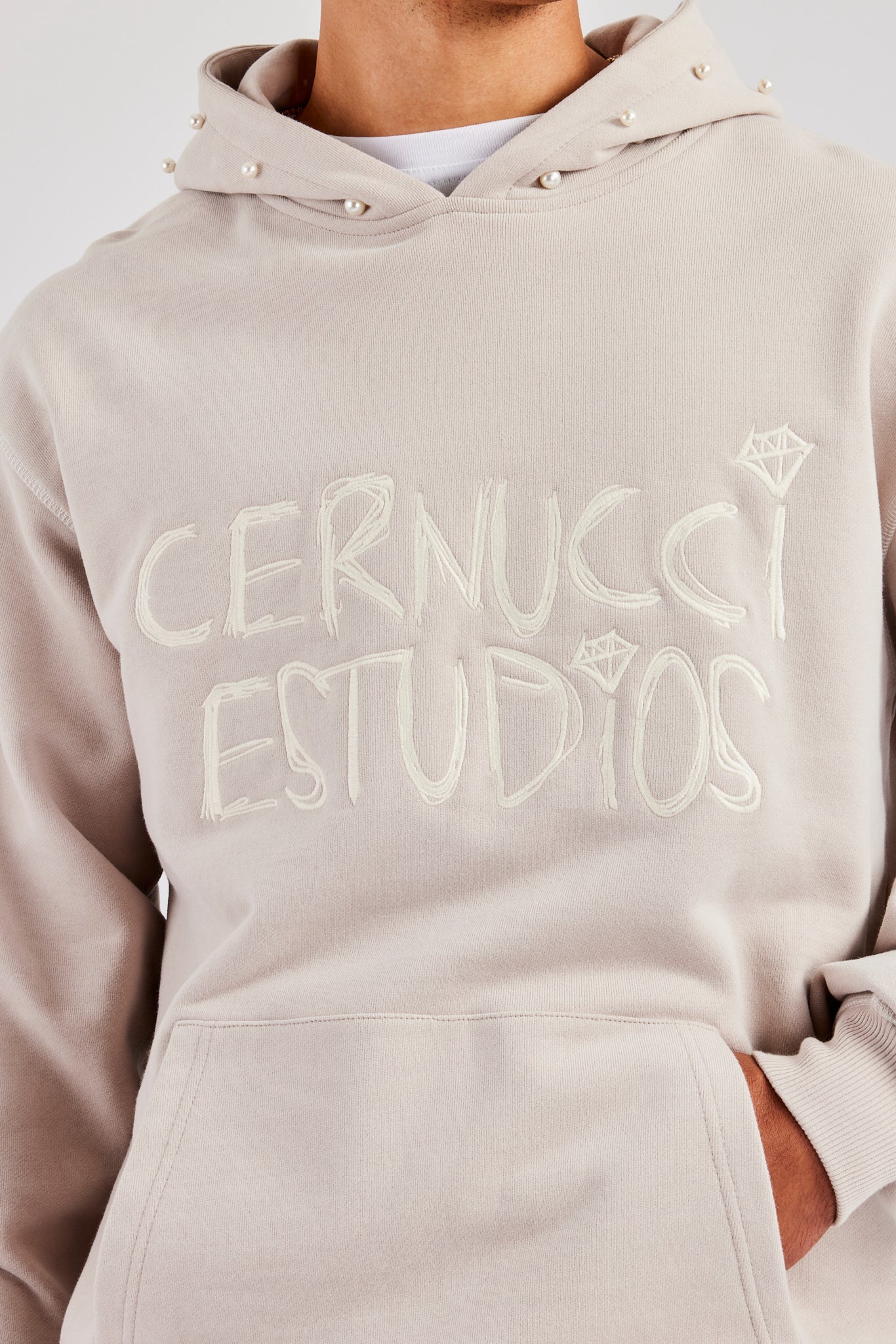 Washed Contrast Stitch Pearl Hoodie - Stone - Image 3