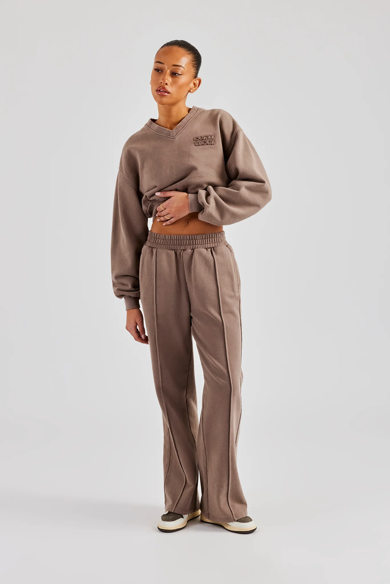 Washed Cropped V Neck Sweat - Mauve - Image 4