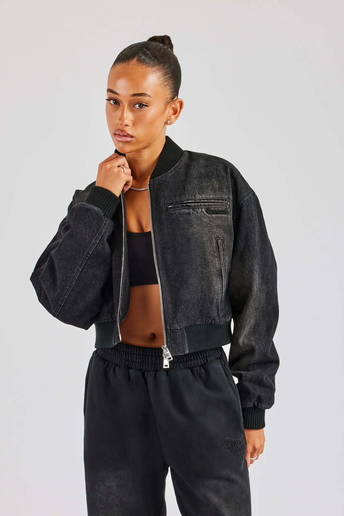 Washed Denim Bomber Jacket - Black - Image 4