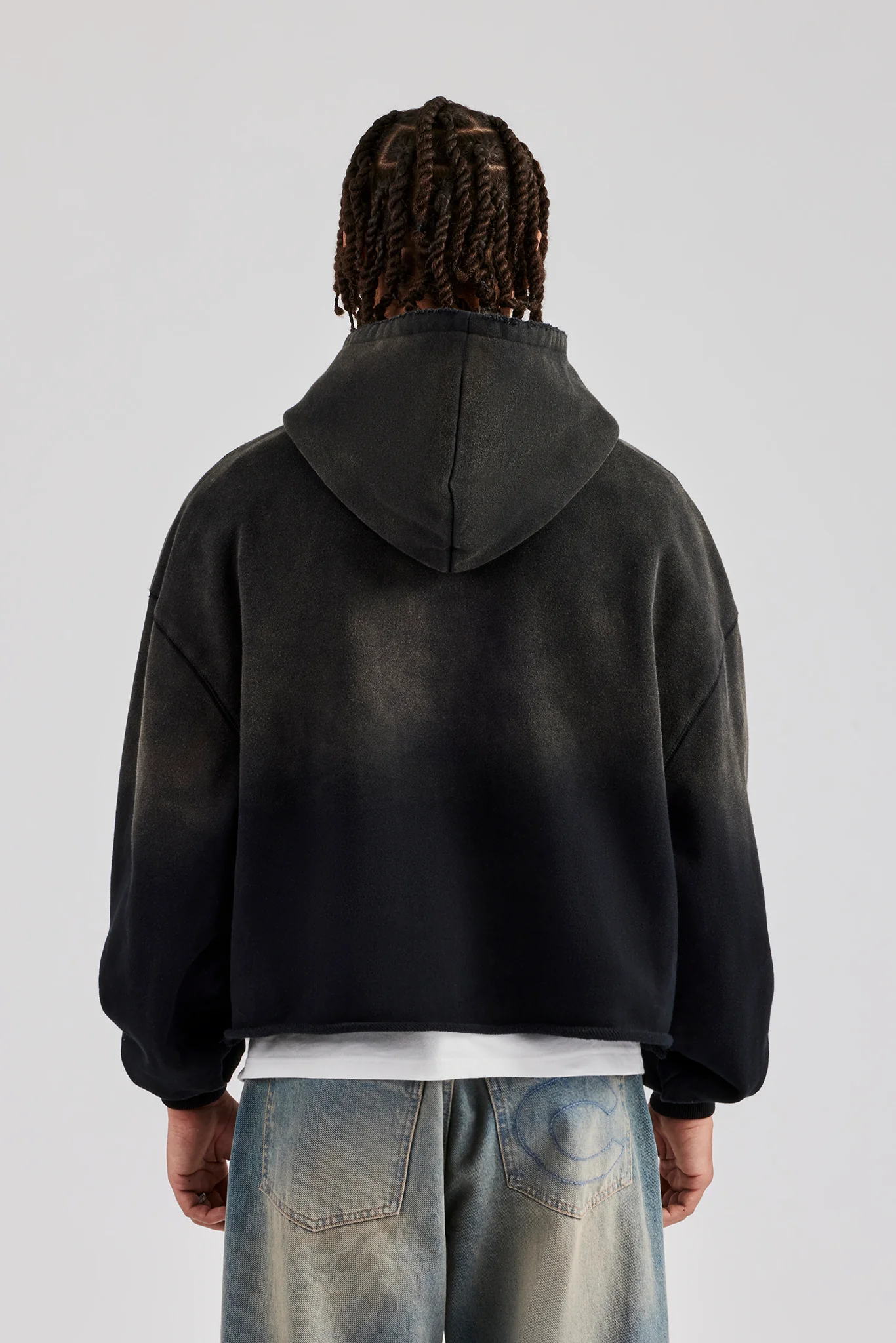 Washed Embroidered Boxy Hoodie - Black - Image 4