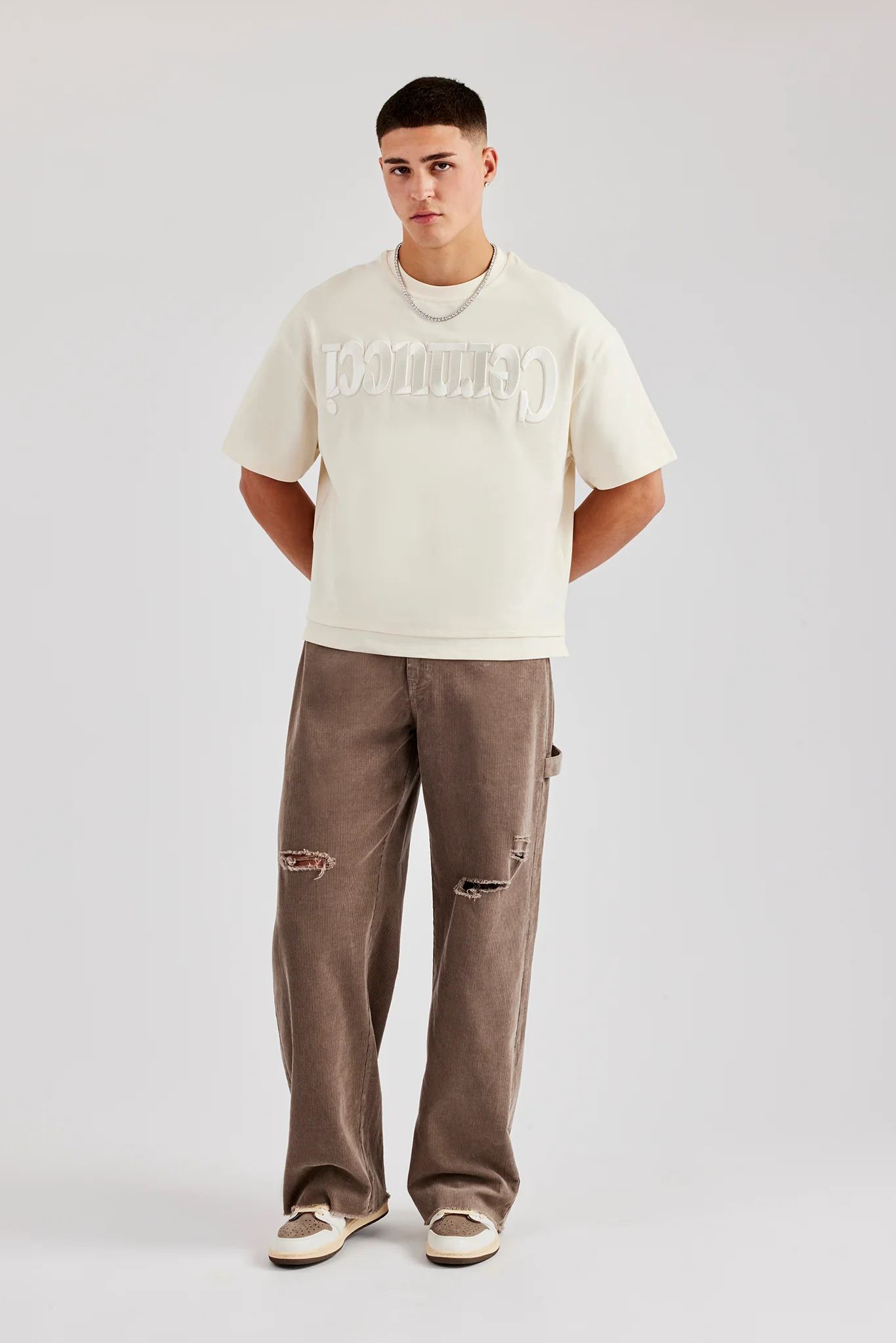 Washed Embroidered Faux Layer Boxy T-Shirt - Off White - Image 4