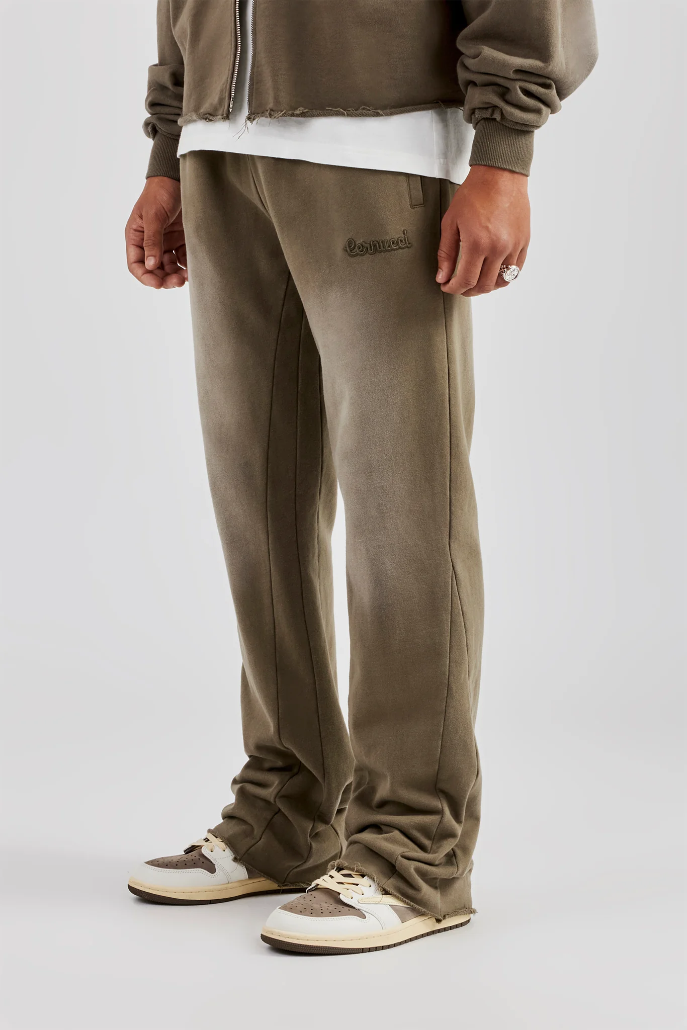 Washed Flare Fit Panelled Jogger - Khaki - Image 2