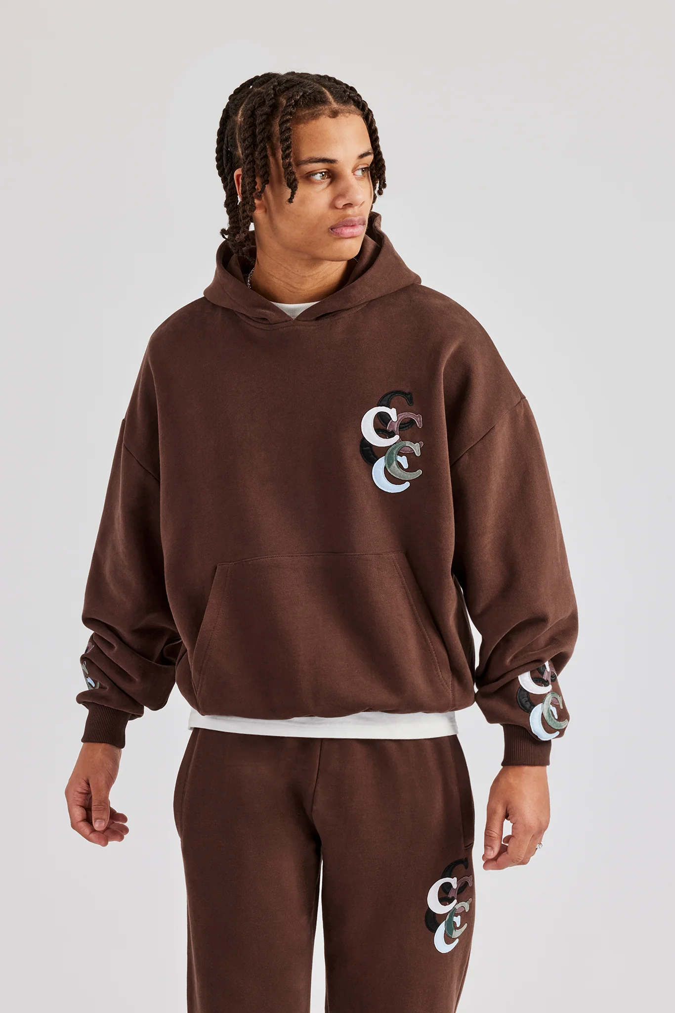 Washed Layered Applique Hoodie - Chocolate - Image 2