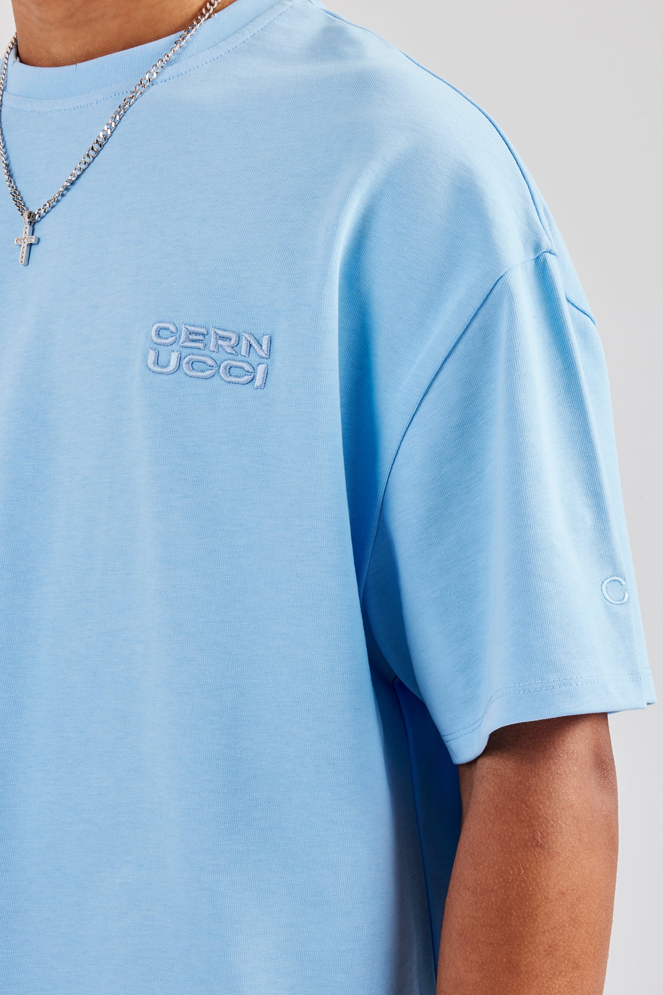 Oversized Washed Embroidered T-Shirt - Light Blue - Image 3