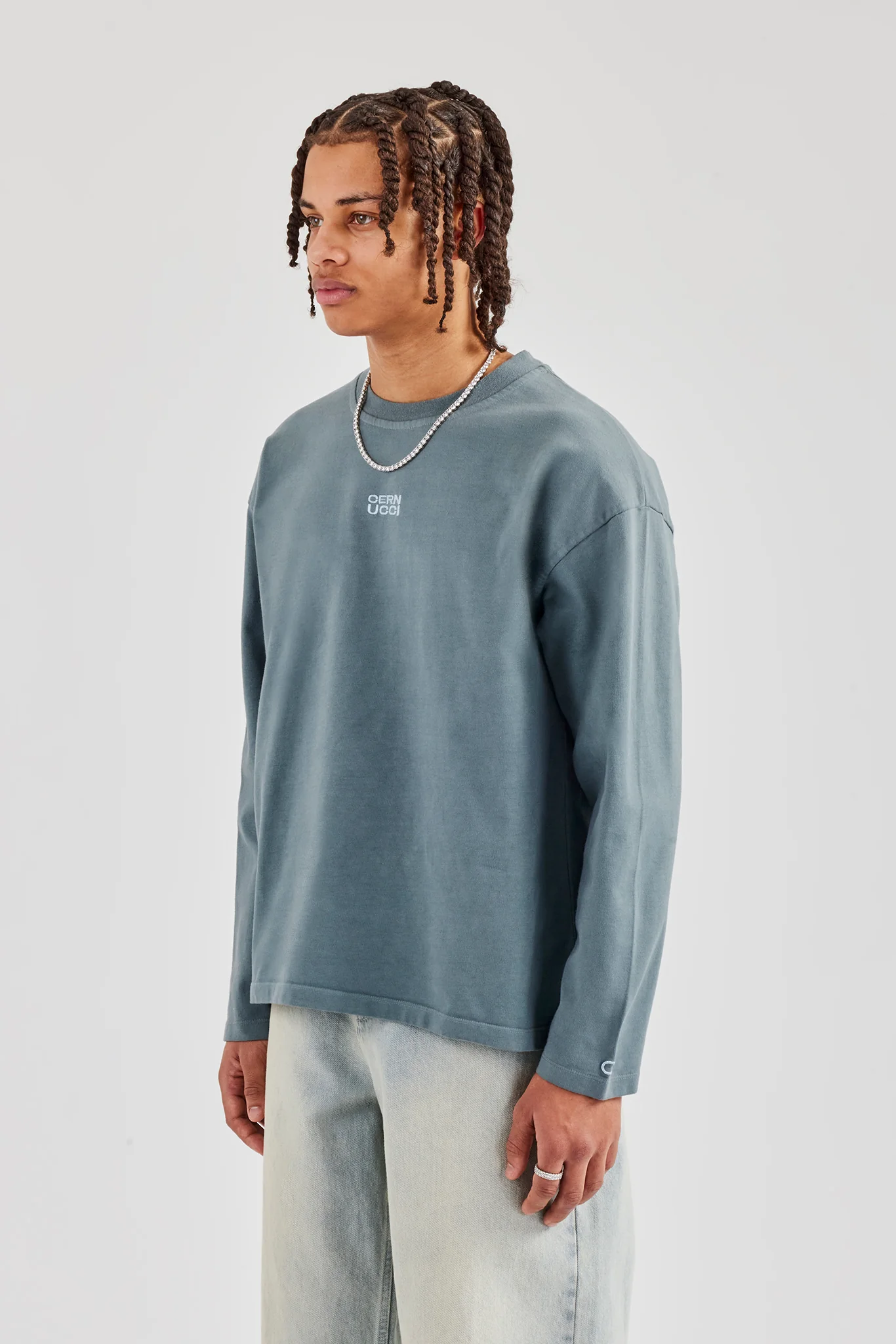 Washed Long Sleeve Embroidered T-Shirt - Blue - Image 2