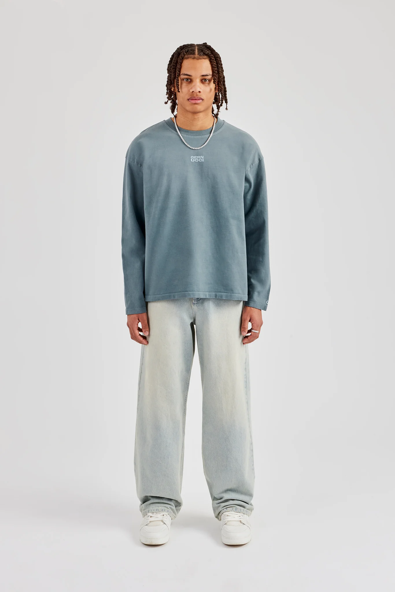 Washed Long Sleeve Embroidered T-Shirt - Blue - Image 4