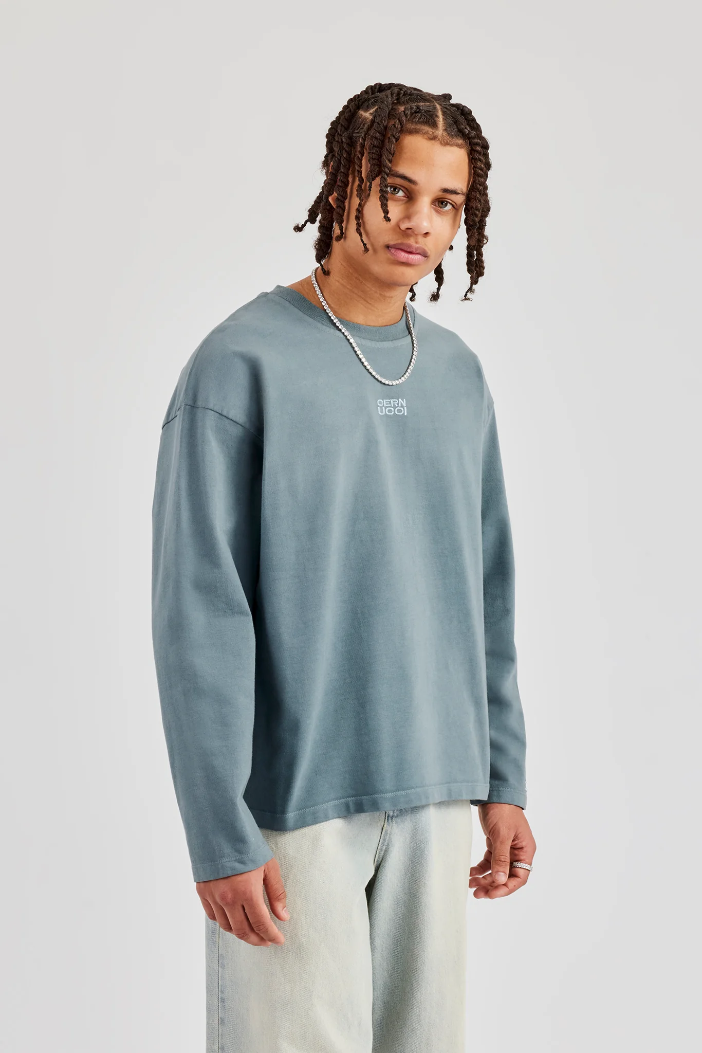Washed Long Sleeve Embroidered T-Shirt - Blue - Image 5