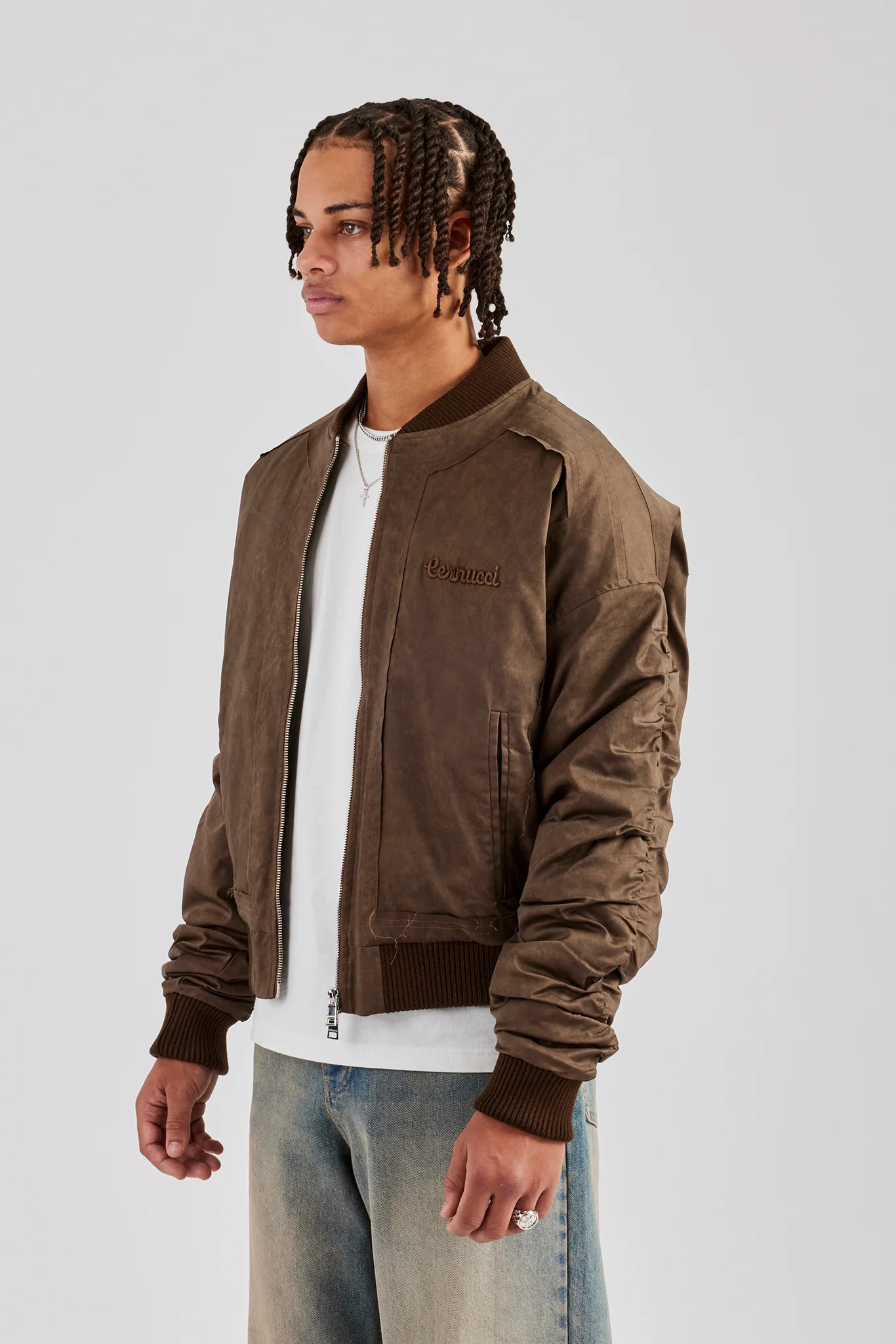Washed Nylon Bomber Jacket - Chocolate - Image 4