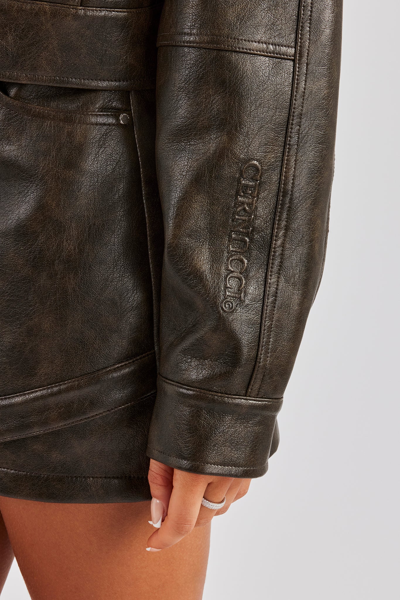 Washed Oversized PU Jacket & Mini Skirt - Brown - Image 6