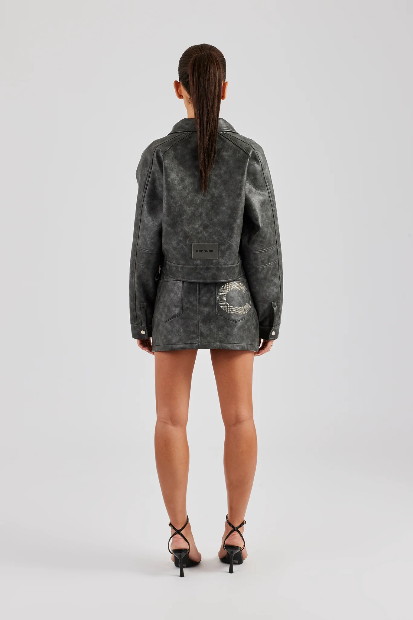 Washed Oversized PU Jacket & Mini Skirt - Charcoal - Image 3