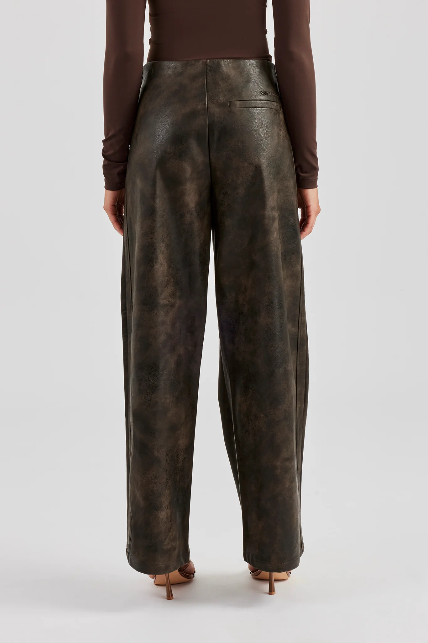 Washed PU Lace Up Detail Trouser - Brown - Image 4
