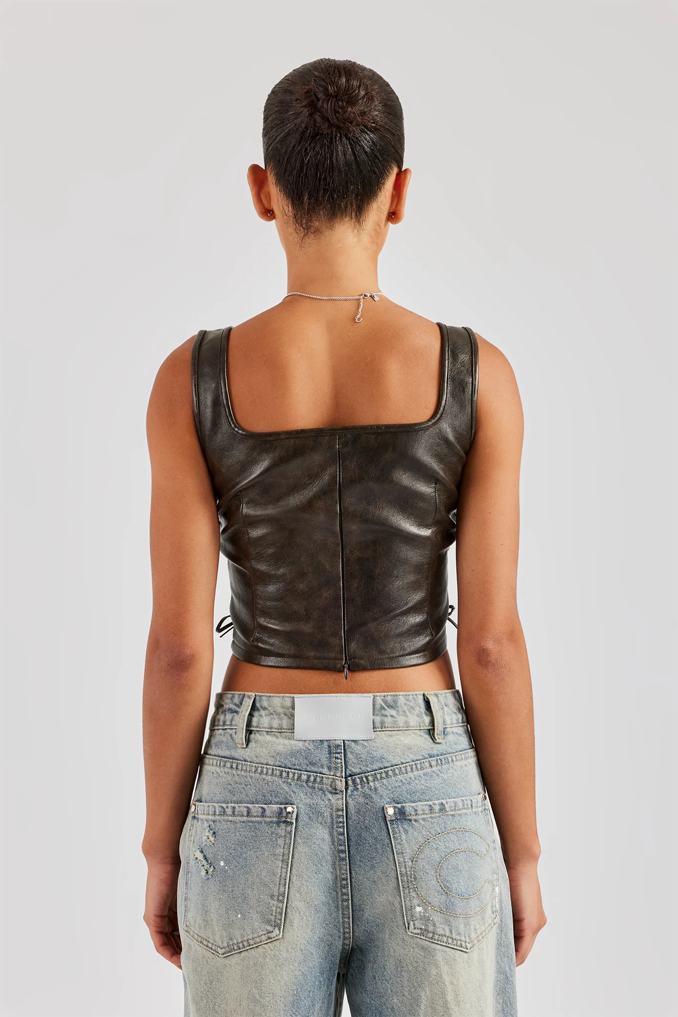 Washed PU Square Neck Top - Brown - Image 4