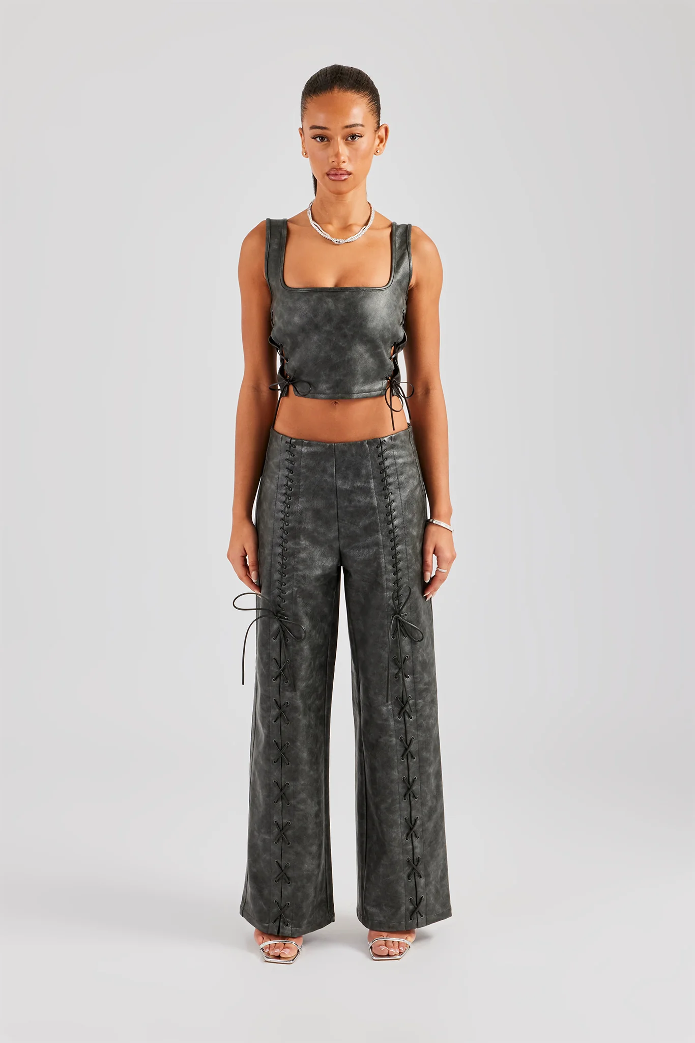 Washed PU Square Neck Top & Lace Up Trouser - Charcoal - Image 4