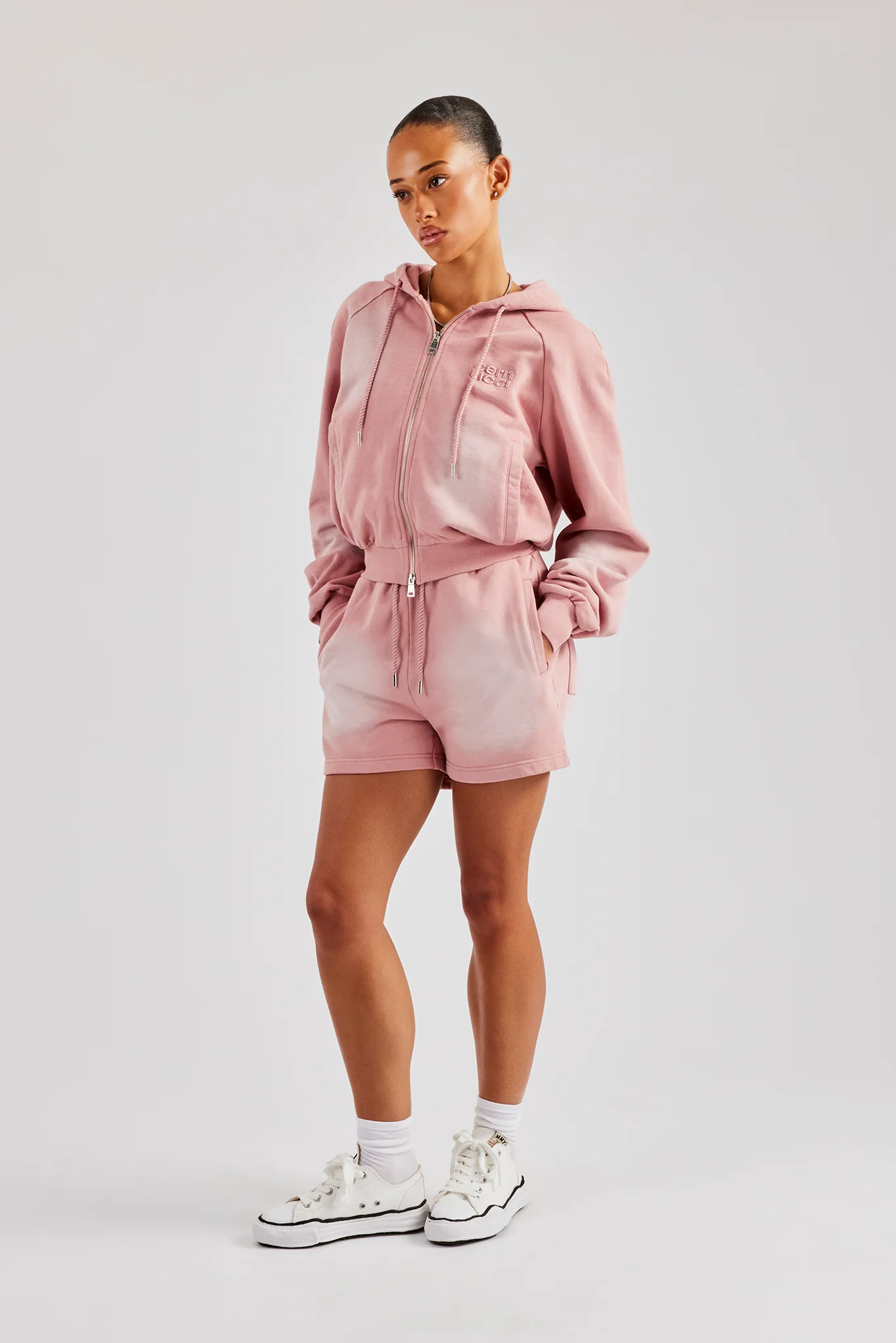 Washed Raglan Zip Through Hoodie & Short - Pink - Image 3