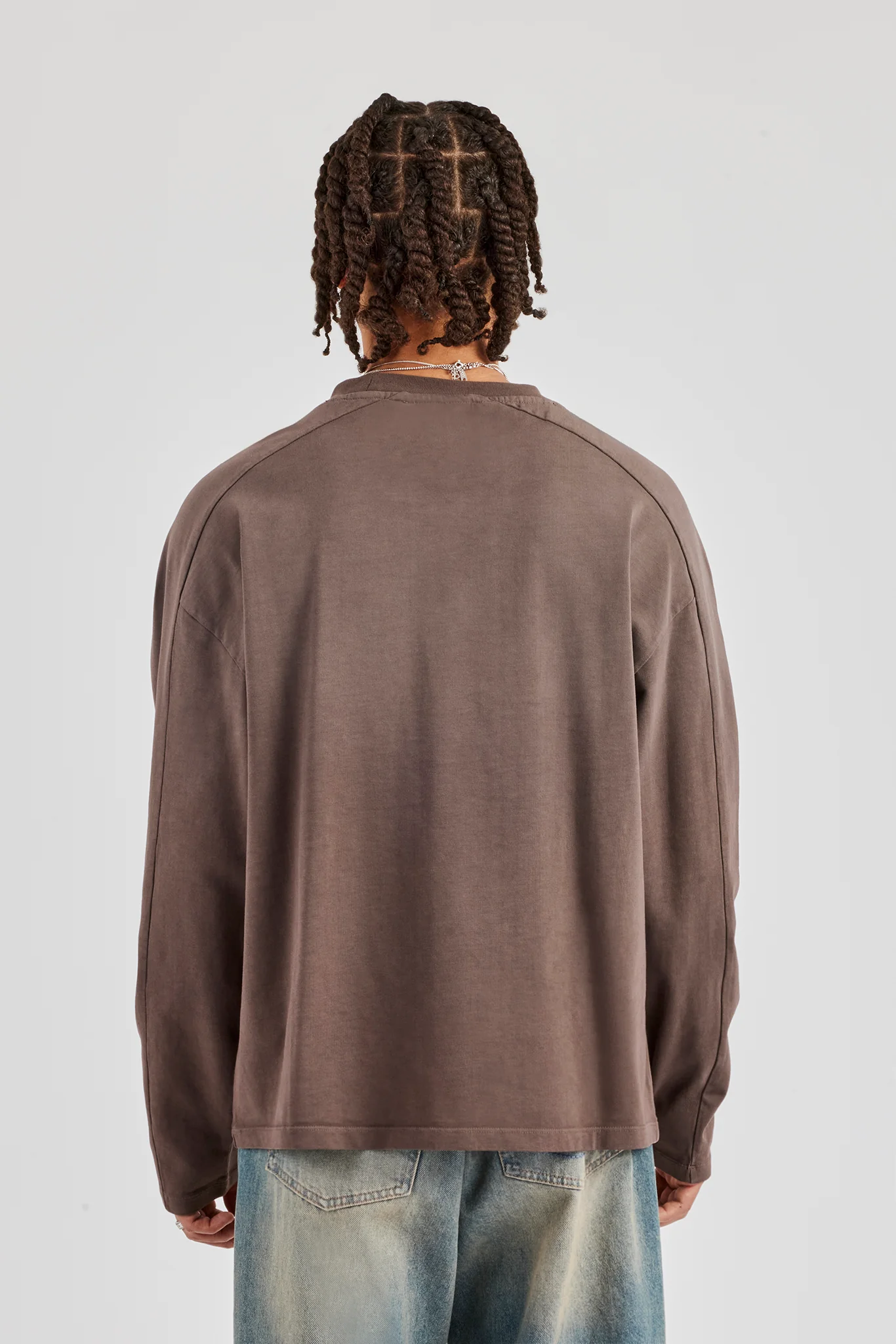 Washed Raw Edge Long Sleeve T-Shirt - Chocolate - Image 4