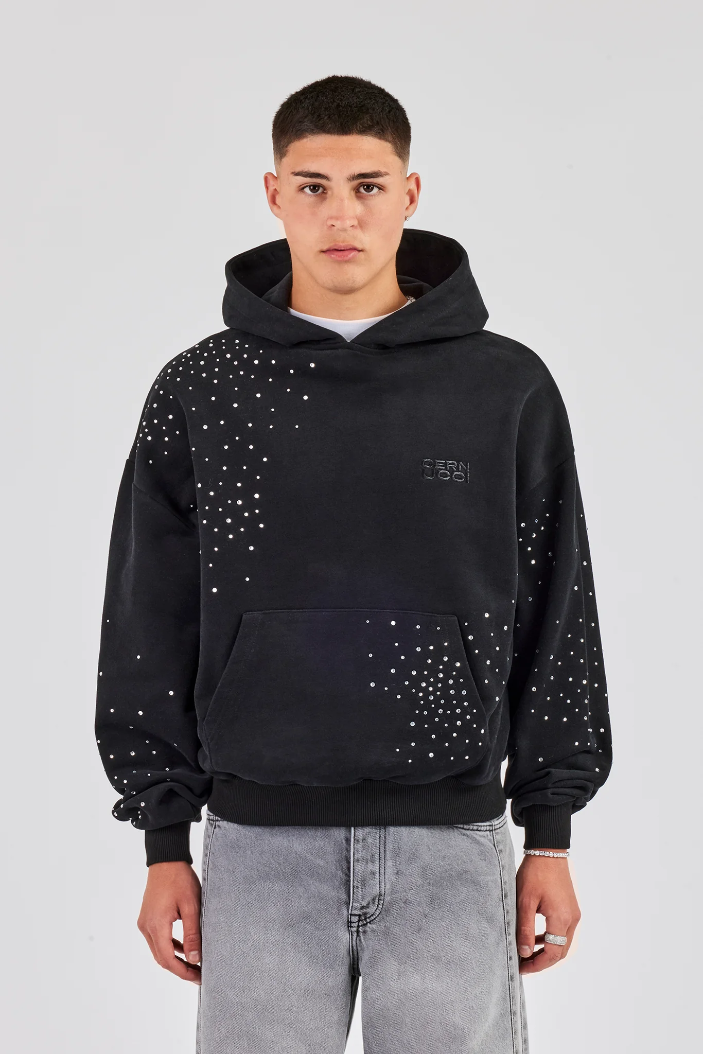 Washed Rhinestone Boxy Hoodie - Washed Black