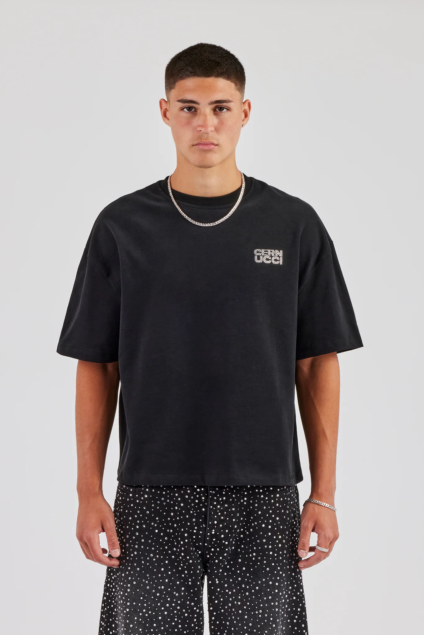 Washed Rhinestone Boxy T-Shirt - Washed Black