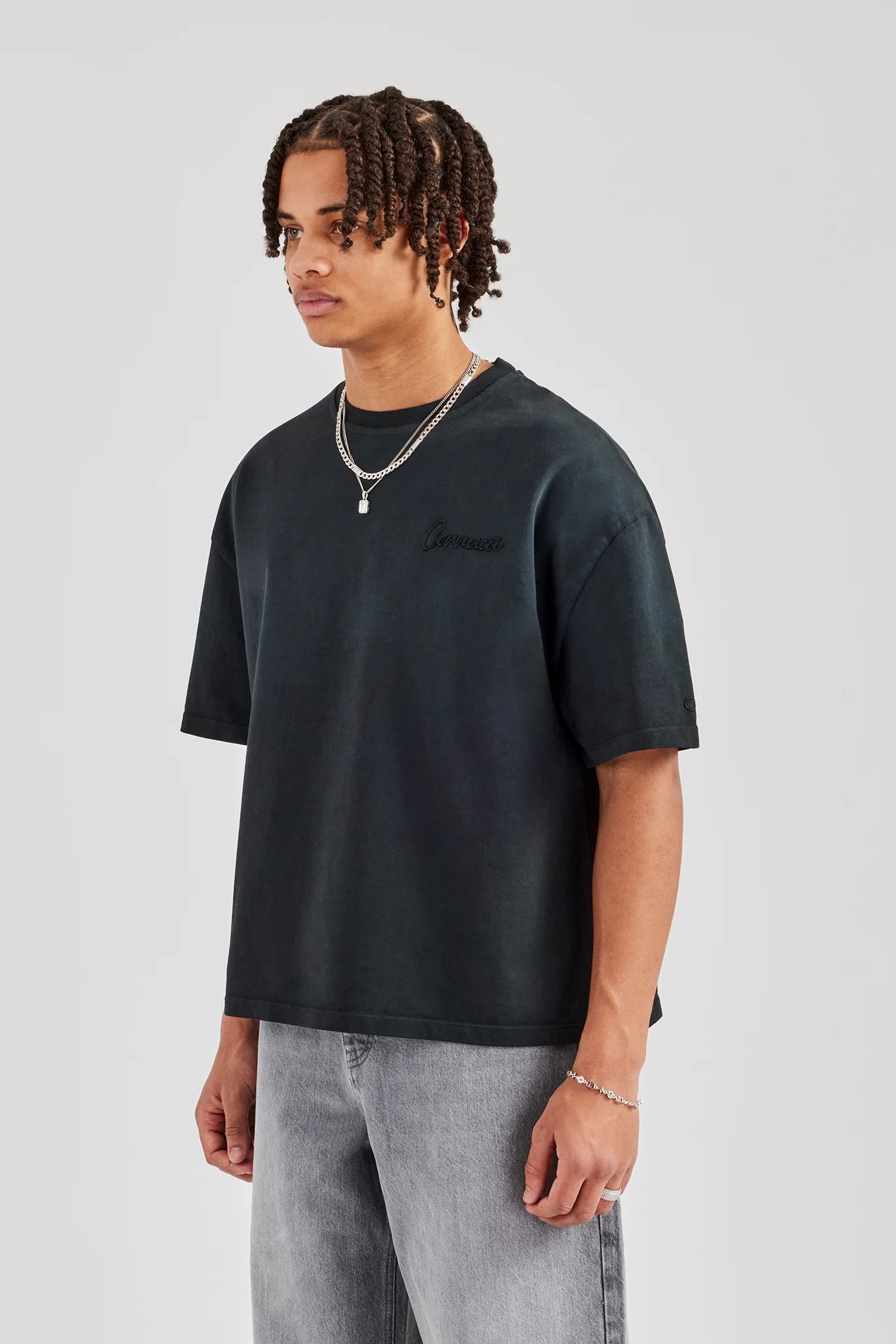 Washed Script Short Sleeve Boxy T-Shirt - Black - Image 2
