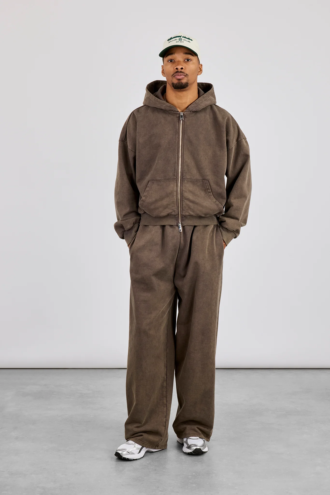 Washed Zip Through Hoodie & Baggy Jogger - Brown - Image 2