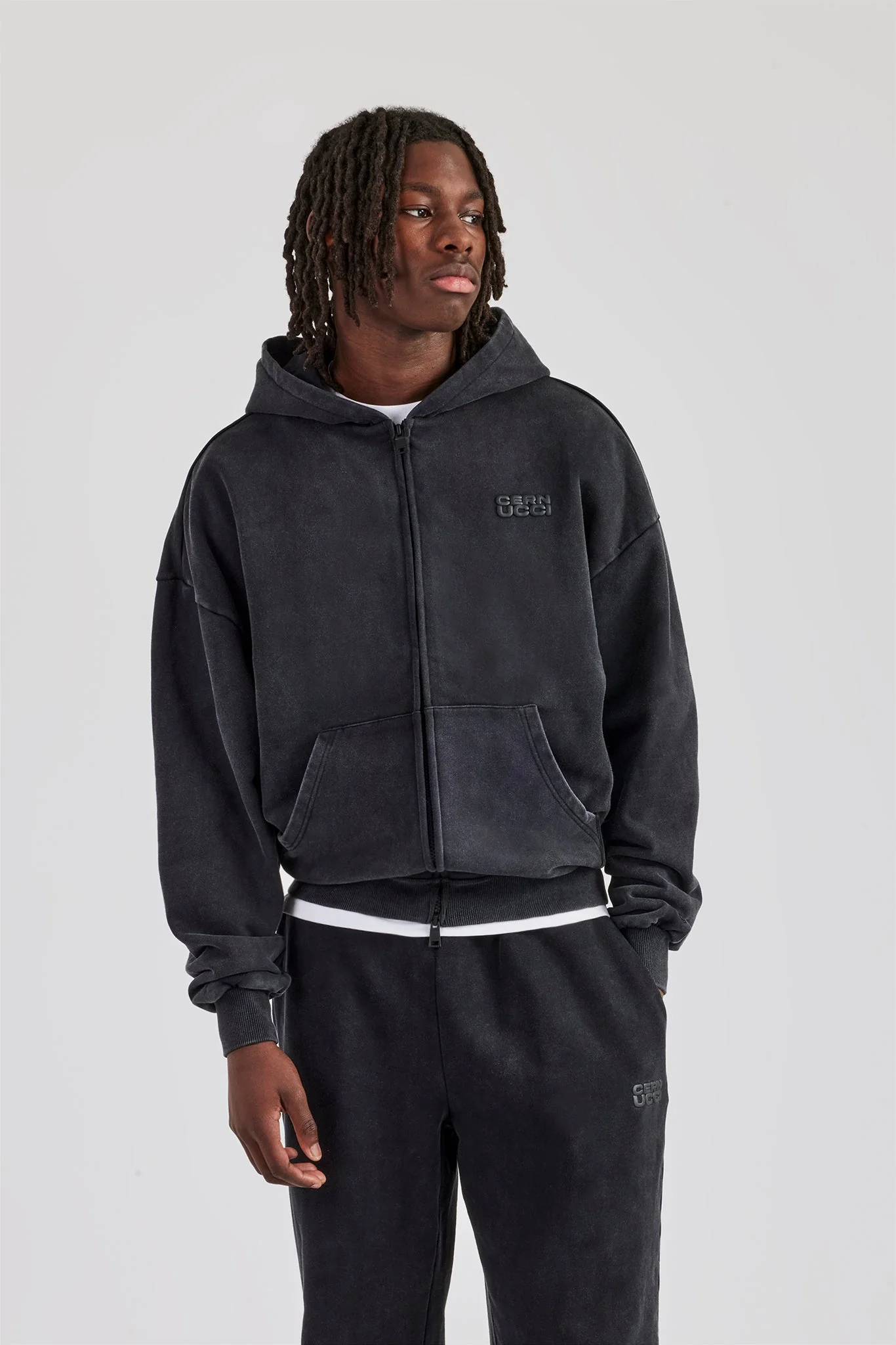 Washed Zip Through Hoodie - Black - Image 2