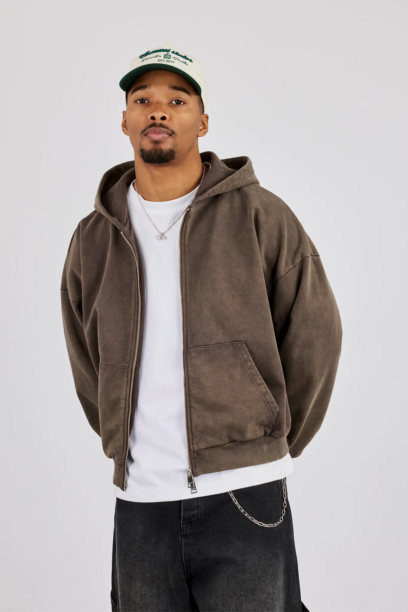 Washed Zip Through Hoodie - Brown - Image 2