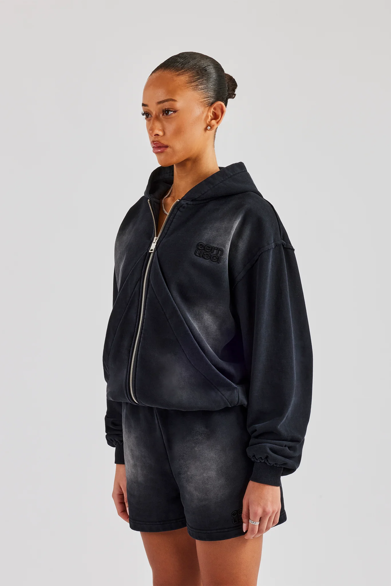 Washed Zip Through Panel Hoodie - Black - Image 2