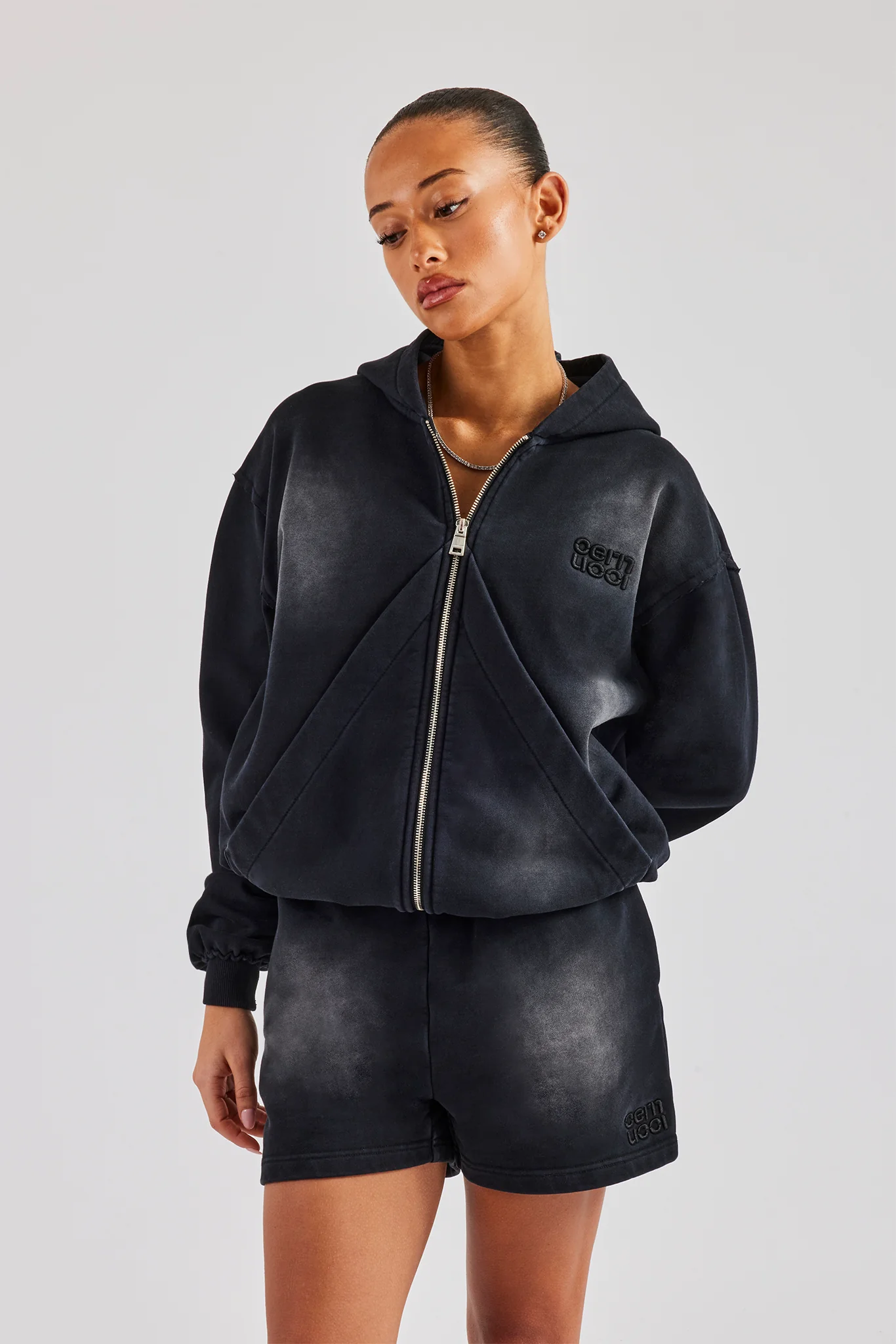 Washed Zip Through Panel Hoodie - Black - Image 3