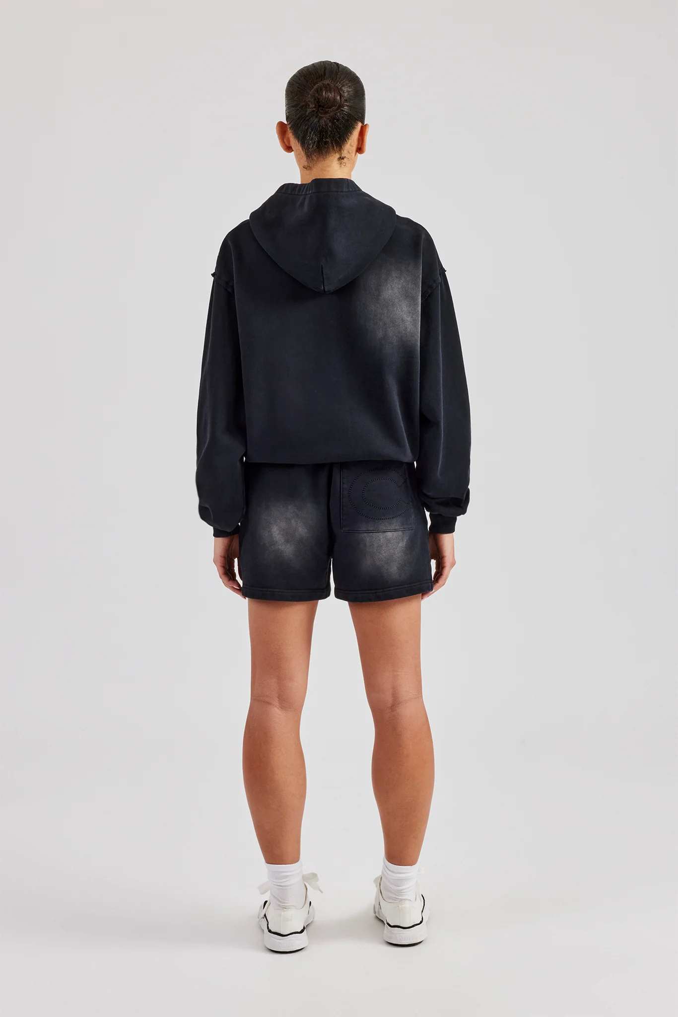 Washed Zip Through Panel Hoodie & Short - Black - Image 3