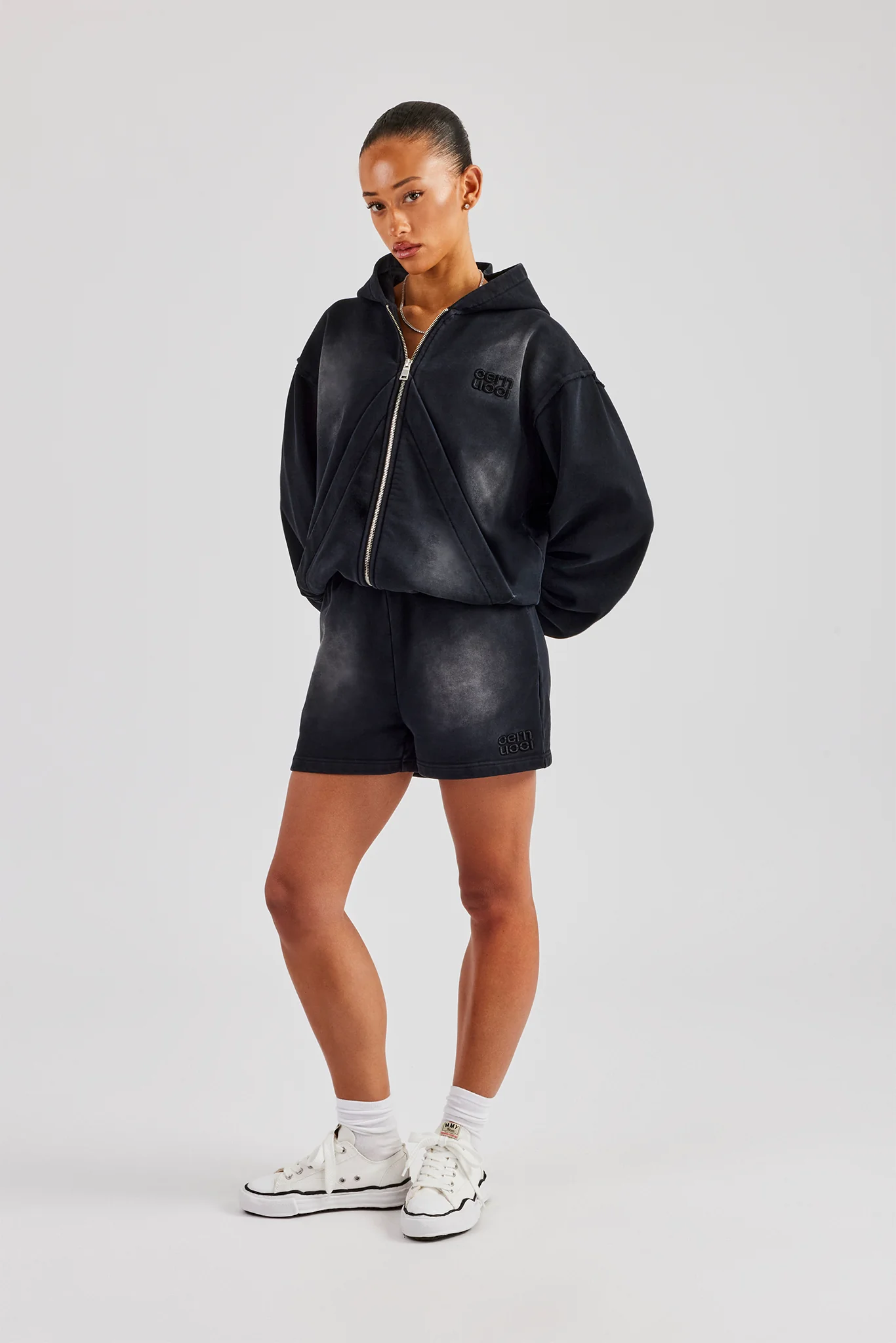Washed Zip Through Panel Hoodie & Short - Black - Image 4