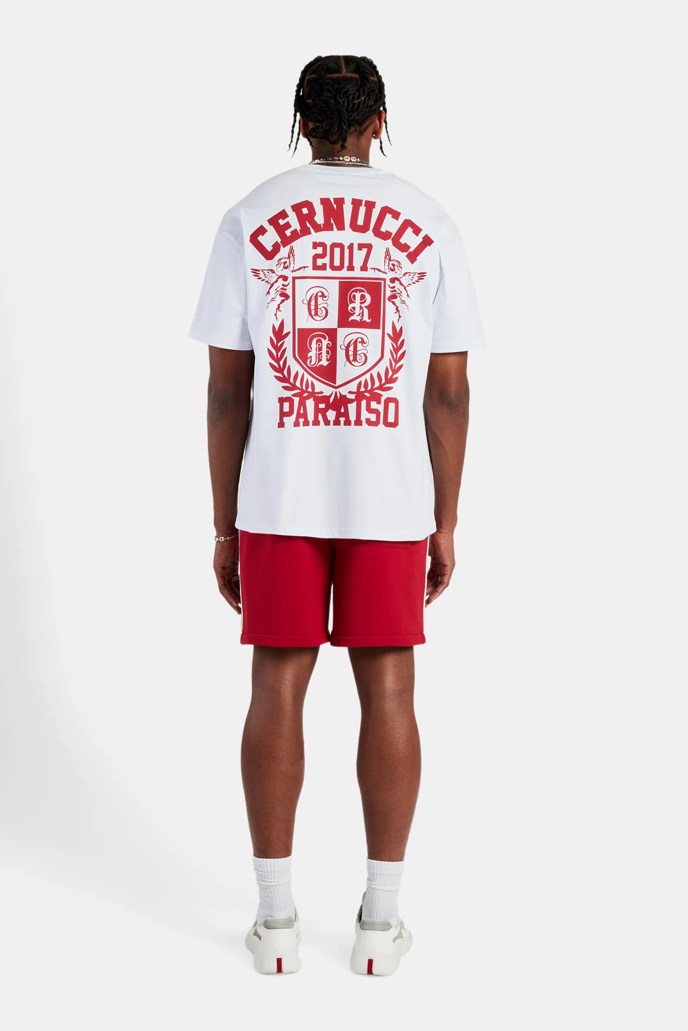 White Embroidered Crest Oversized T-Shirt & Red Jersey Short - Image 3