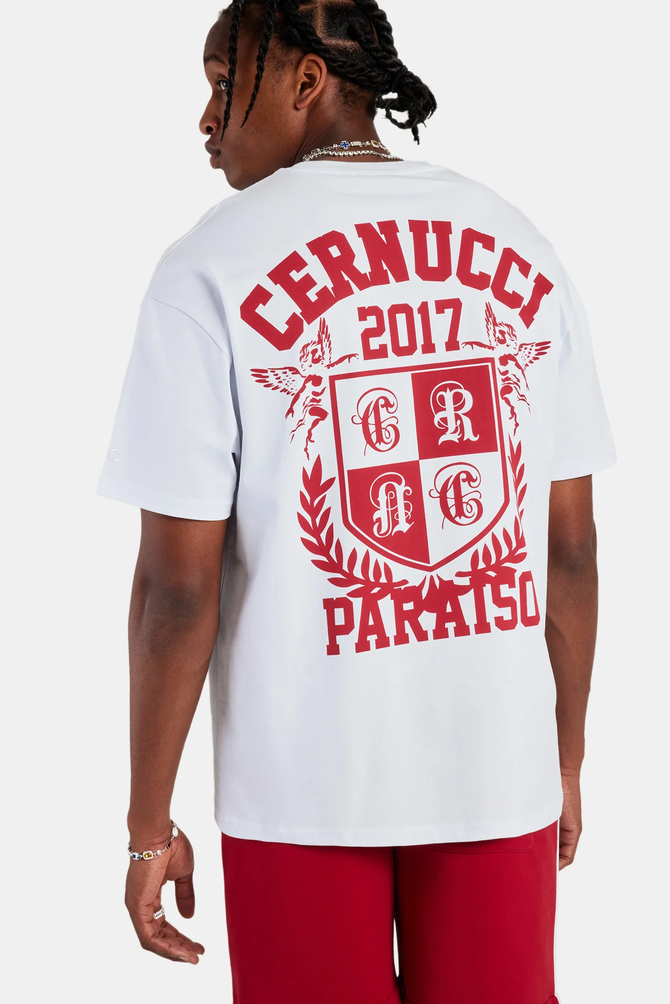 White Embroidered Crest Oversized T-Shirt & Red Jersey Short - Image 7