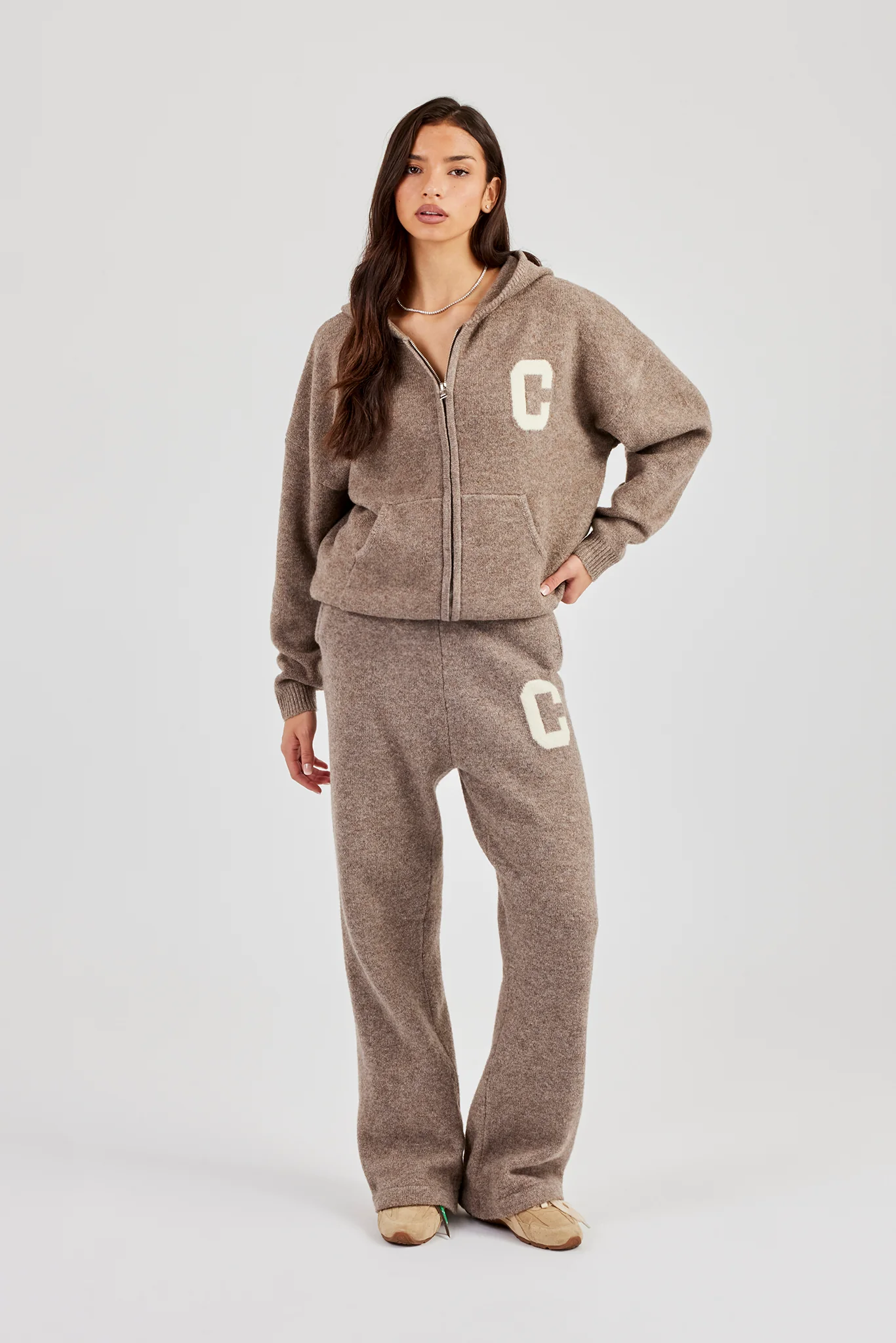 Wide Leg Knitted Jogger - Taupe - Image 5
