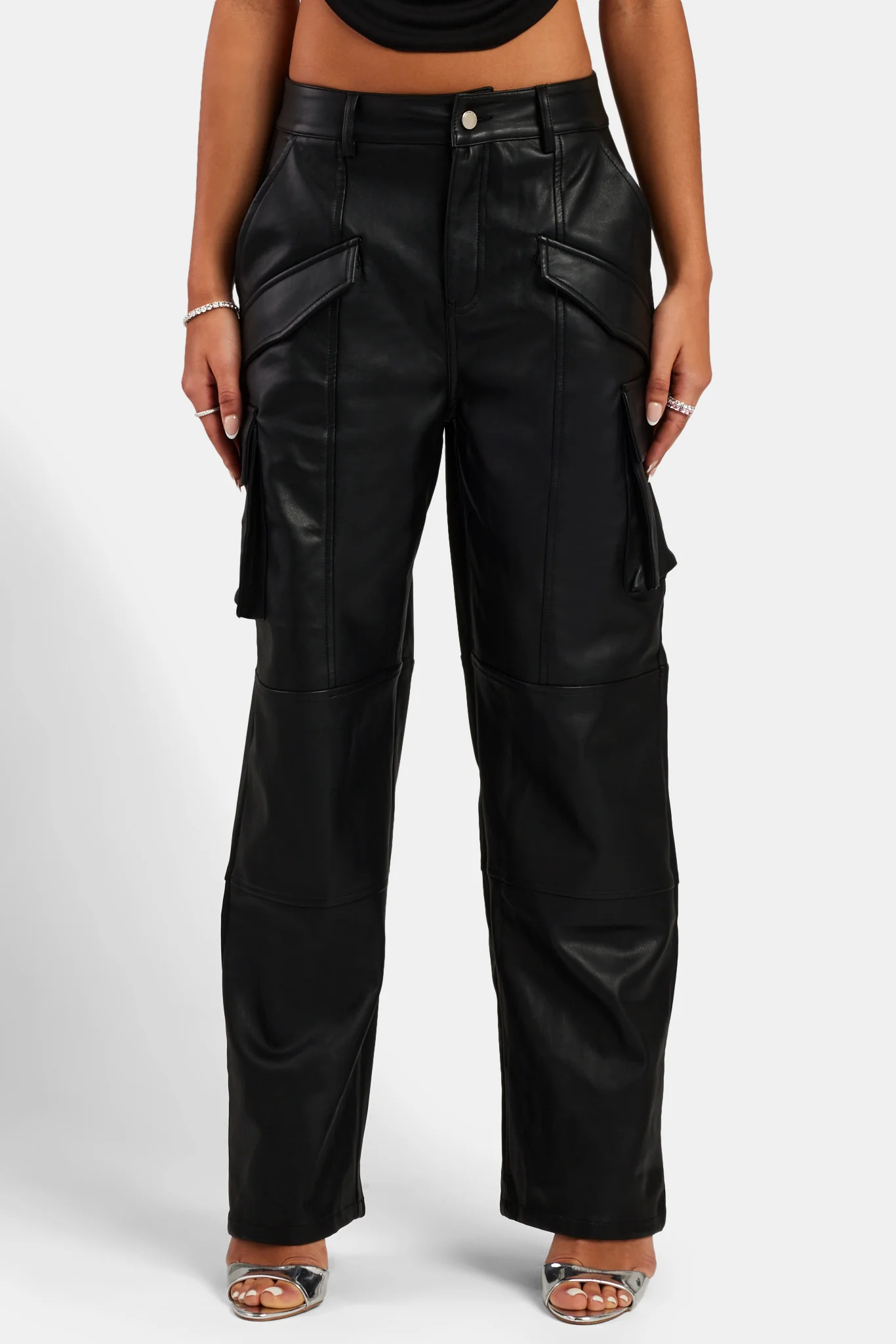 Wide Leg Faux Leather Cargo Trouser - Black - Image 2