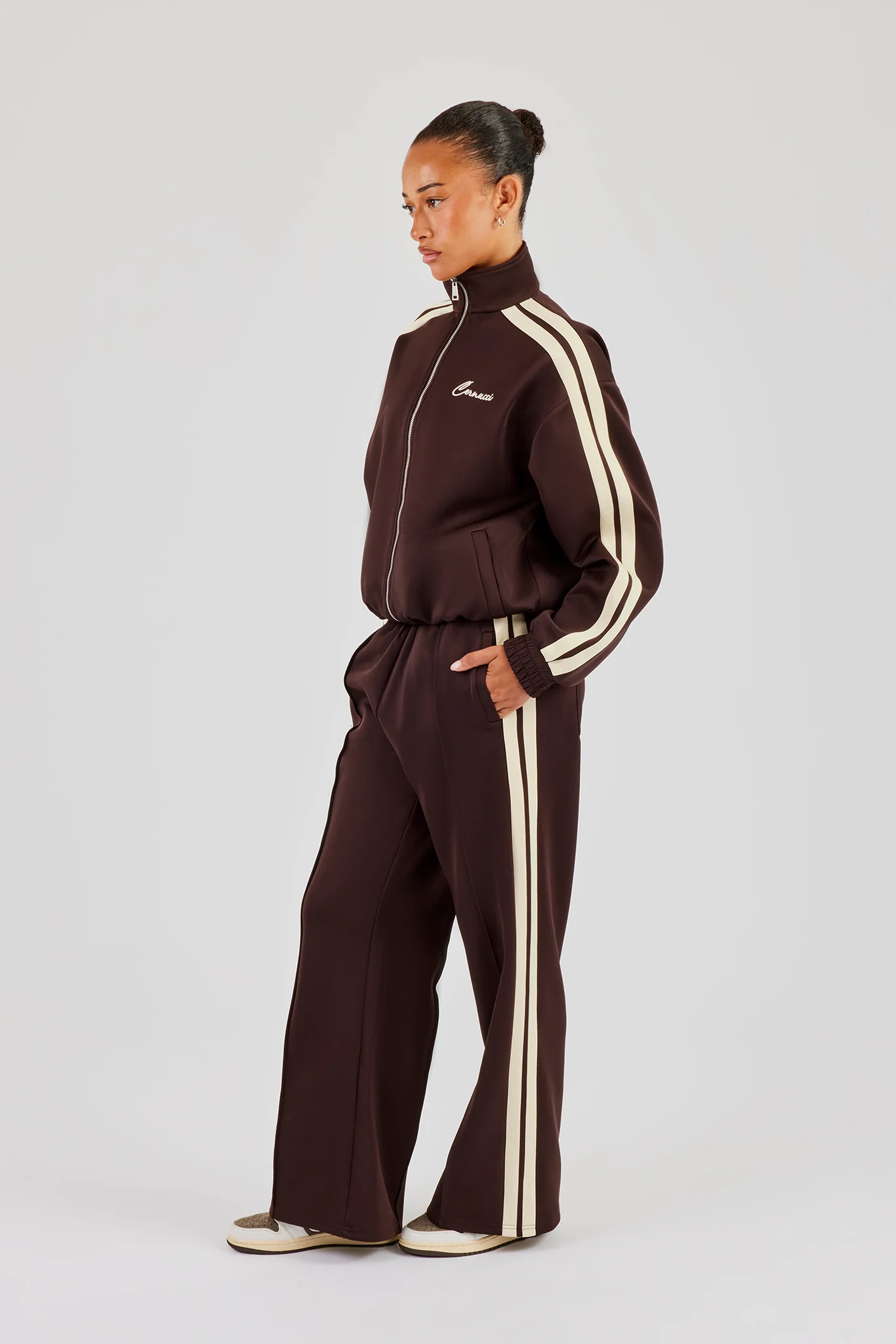 Wide Leg Track Pant With Butter Yellow Taping  - Chocolate - Image 5