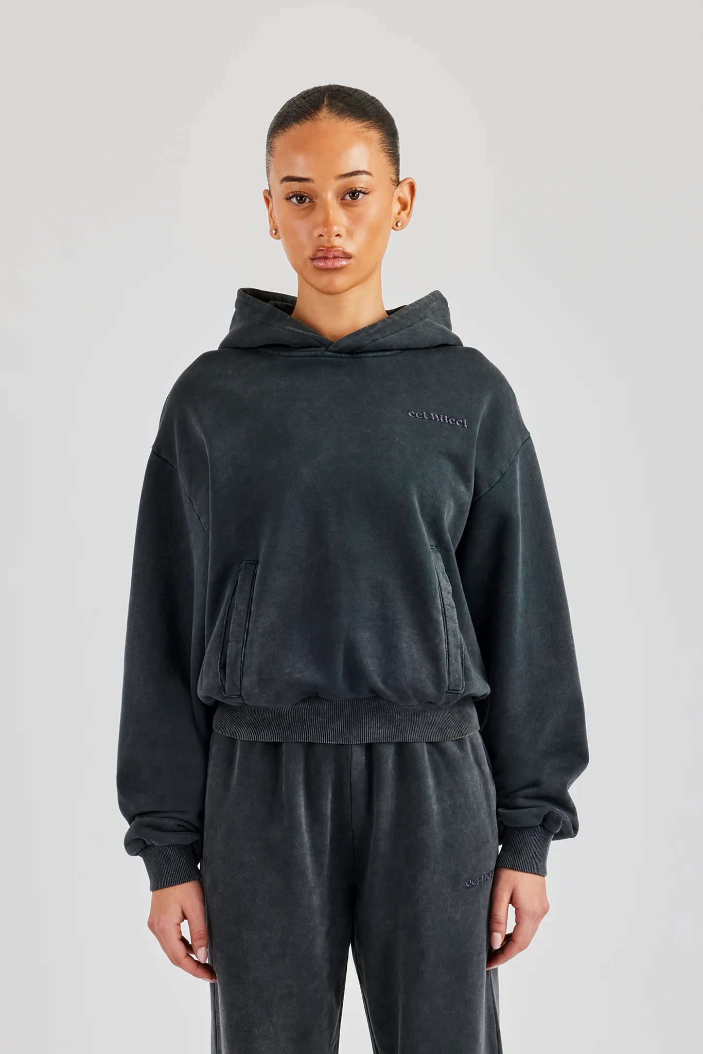 Womens Acid Wash Boxy Hoodie - Charcoal - Image 2