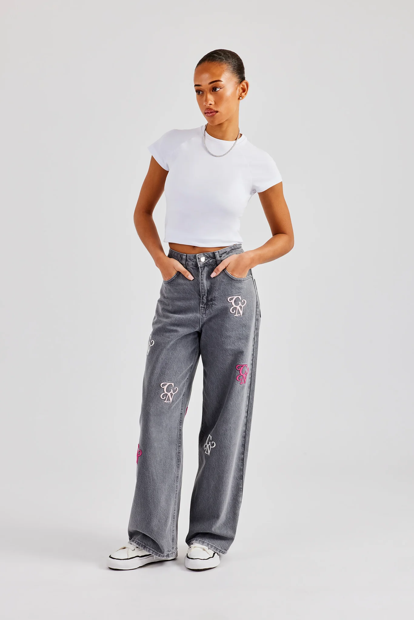 Womens Baggy Fit Branded Embroidered Denim Jean - Washed Grey - Image 3