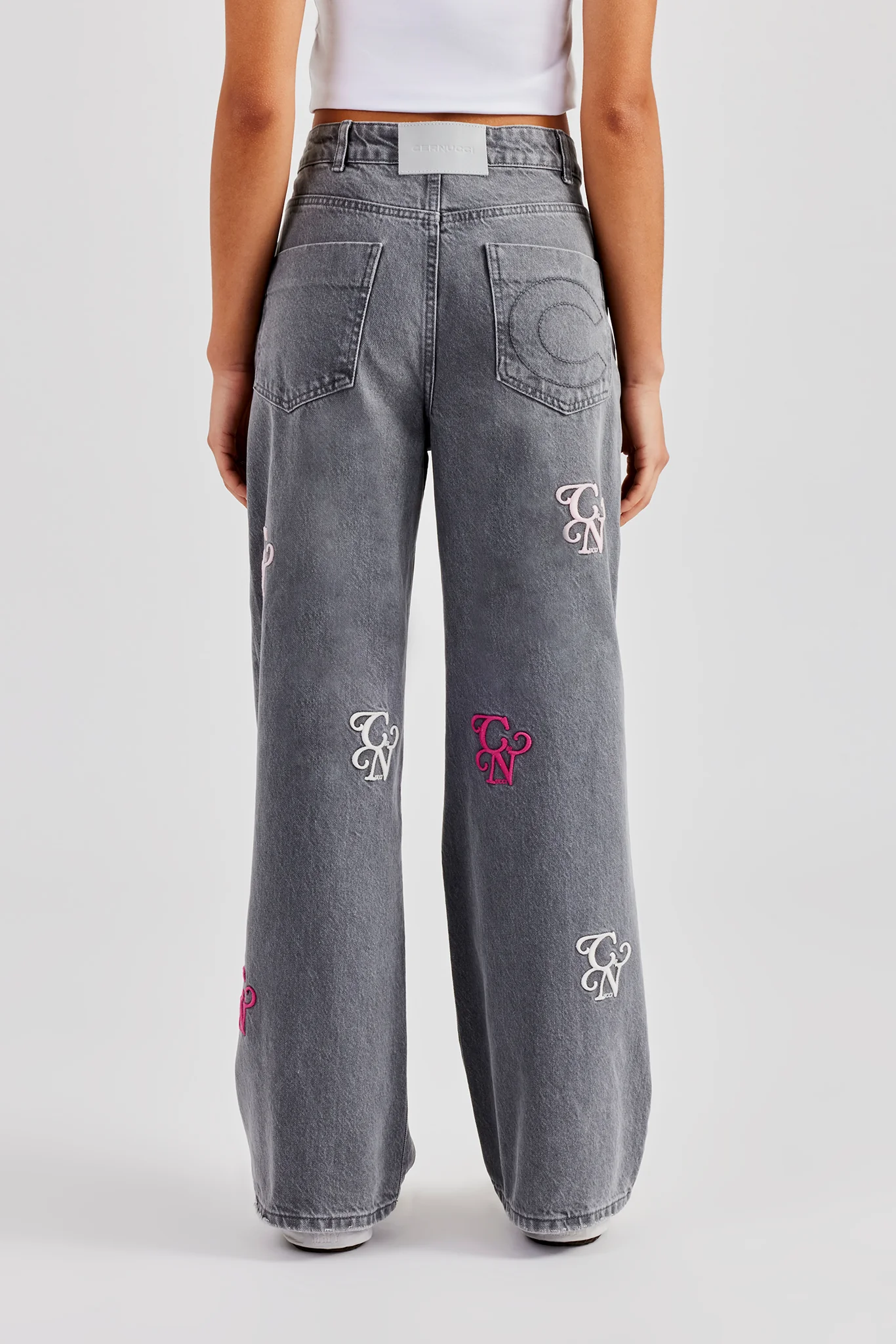 Womens Baggy Fit Branded Embroidered Denim Jean - Washed Grey - Image 4