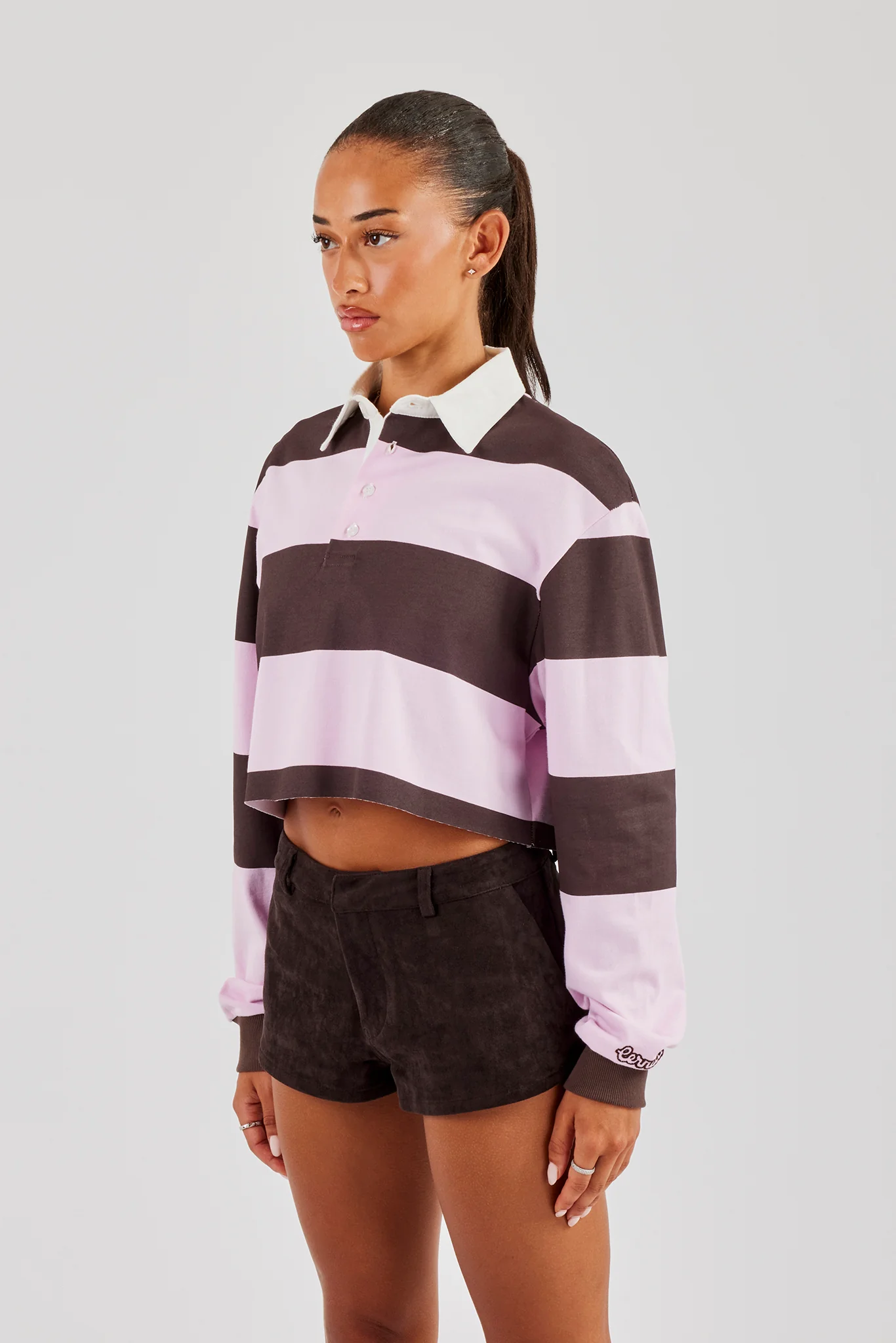 Women's Cropped Striped Rugby Polo Top - Pink - Image 2