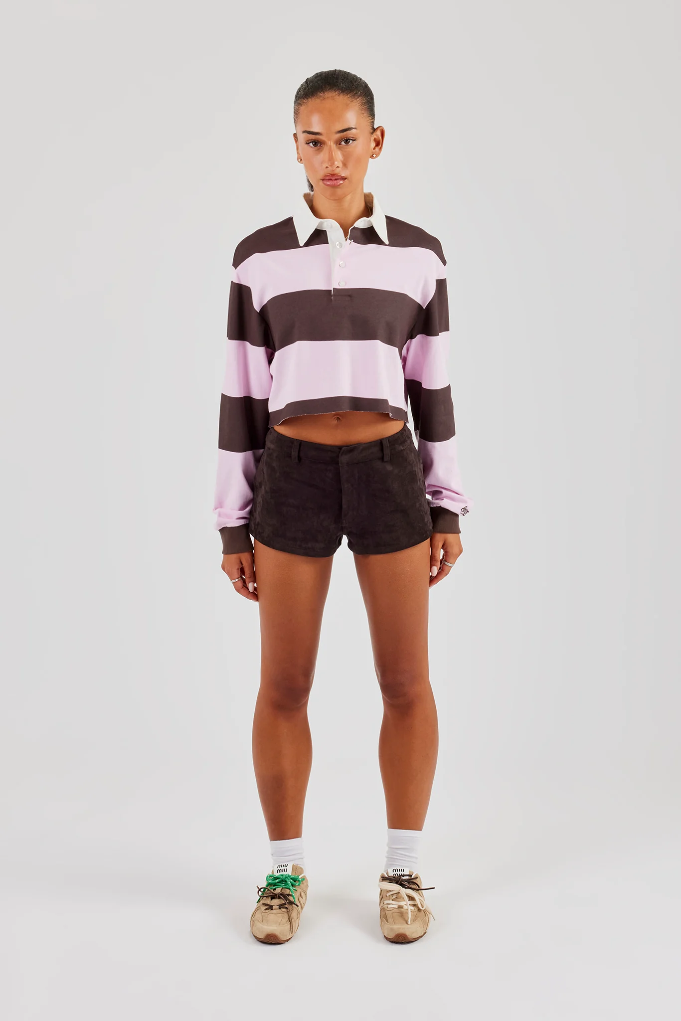Women's Cropped Striped Rugby Polo Top - Pink - Image 4