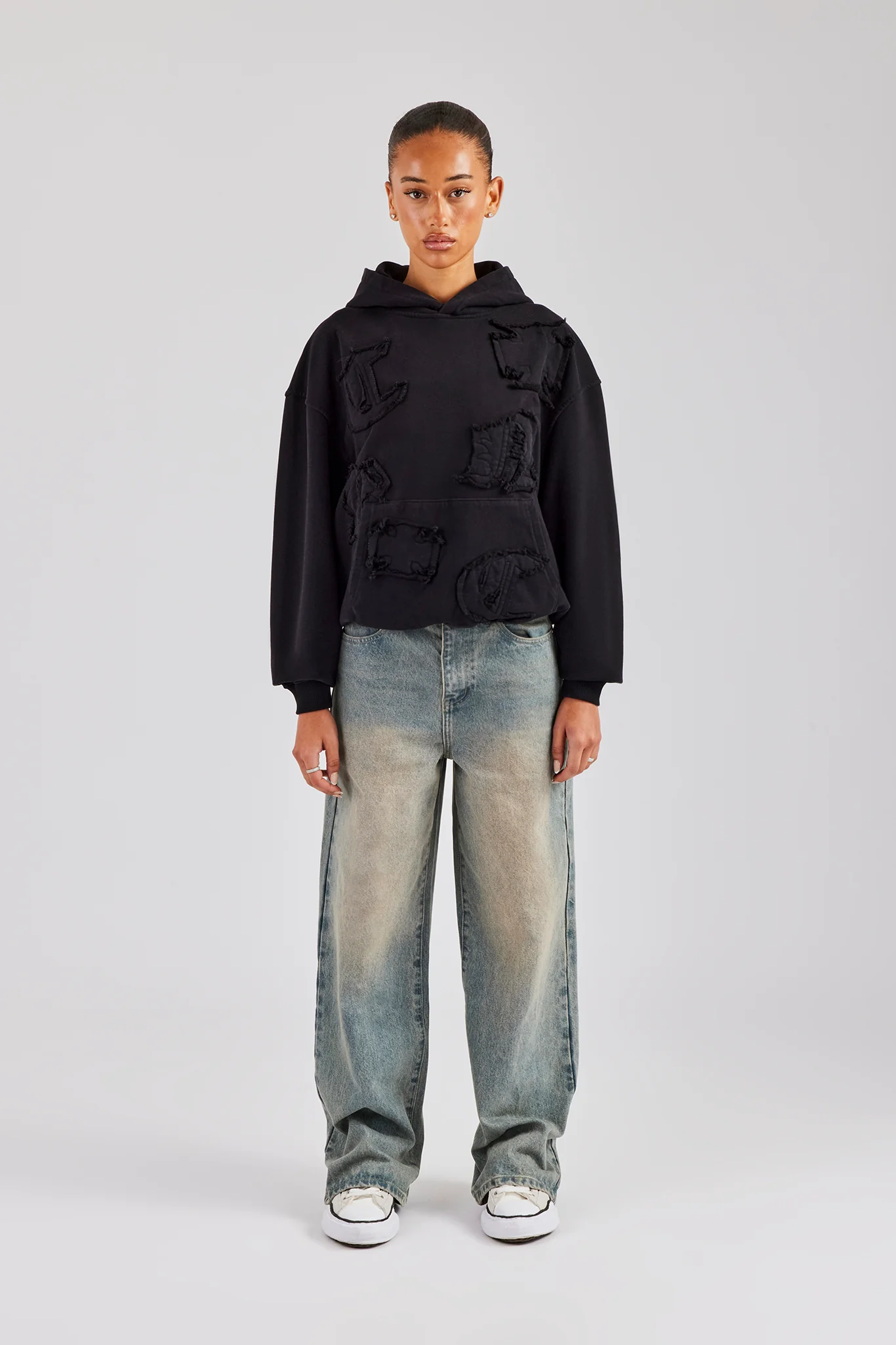 Womens Distressed Applique Hoodie - Black - Image 2