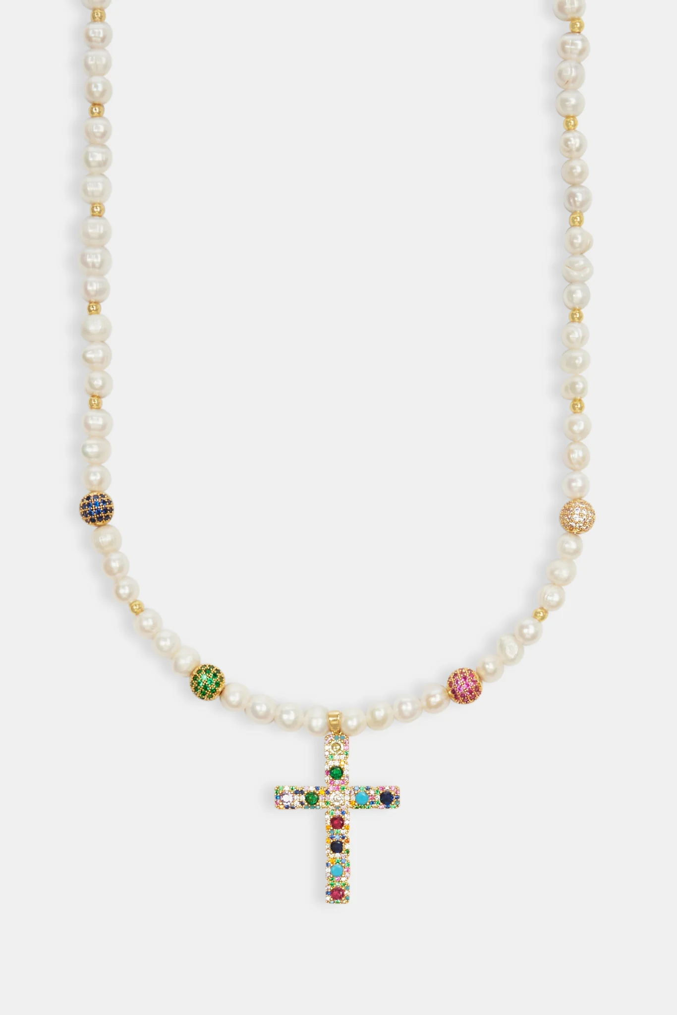 Womens Freshwater Pearl & Multi Colour Ice Ball Cross Necklace - Gold - Image 2