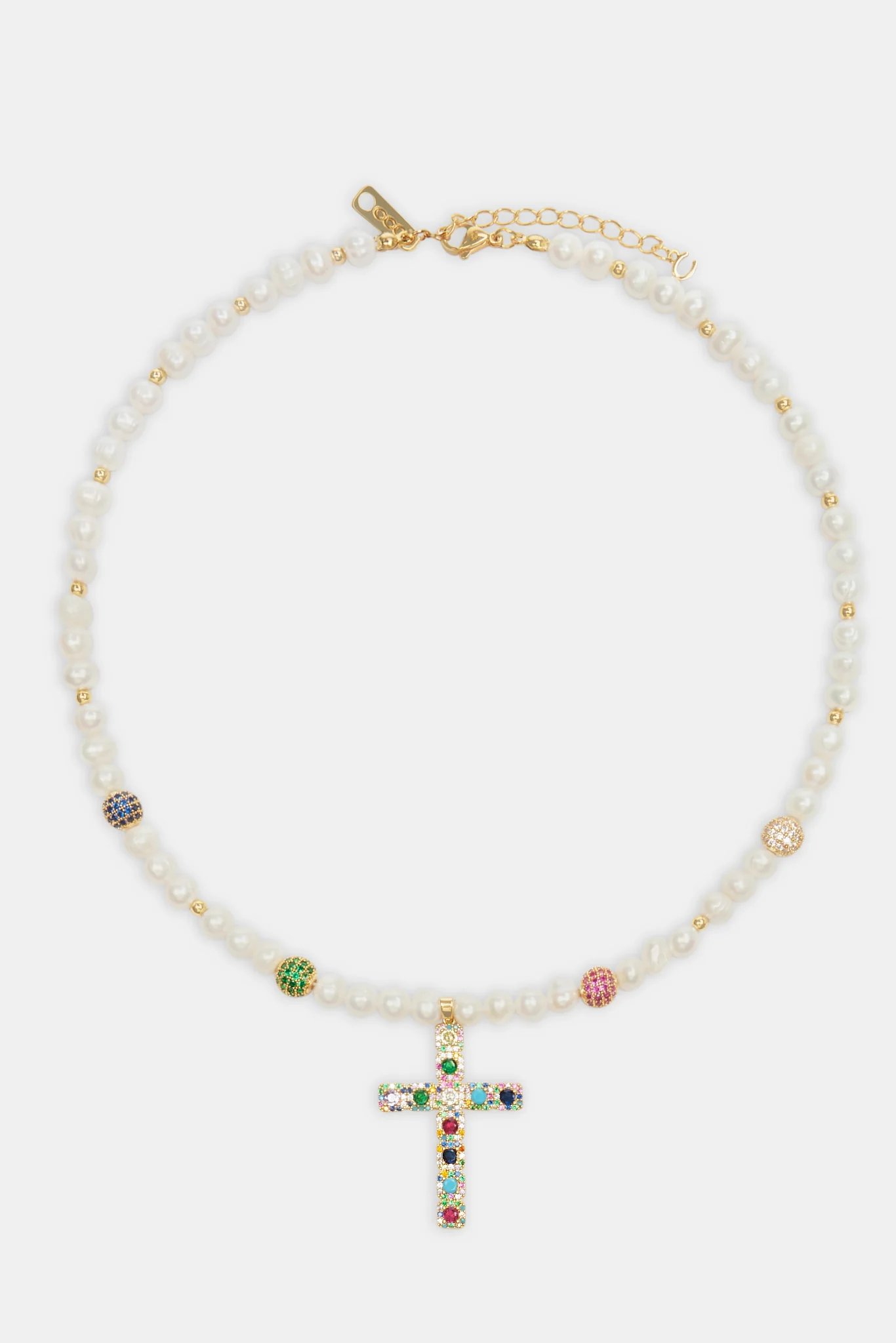 Womens Freshwater Pearl & Multi Colour Ice Ball Cross Necklace - Gold - Image 3